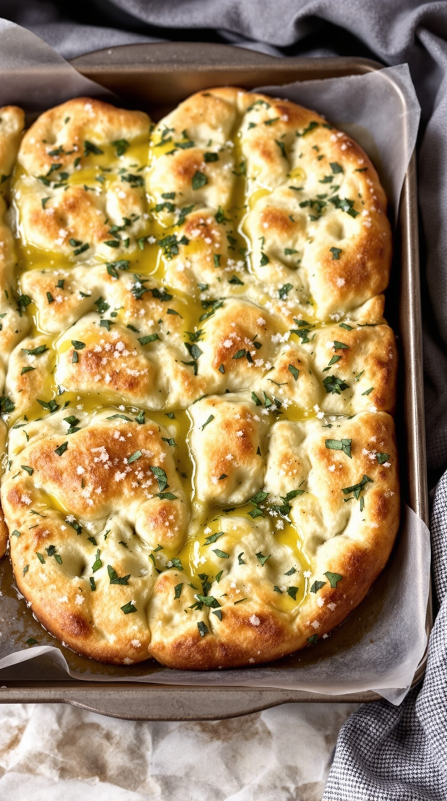 A freshly baked herbed sourdough focaccia topped with olive oil and herbs