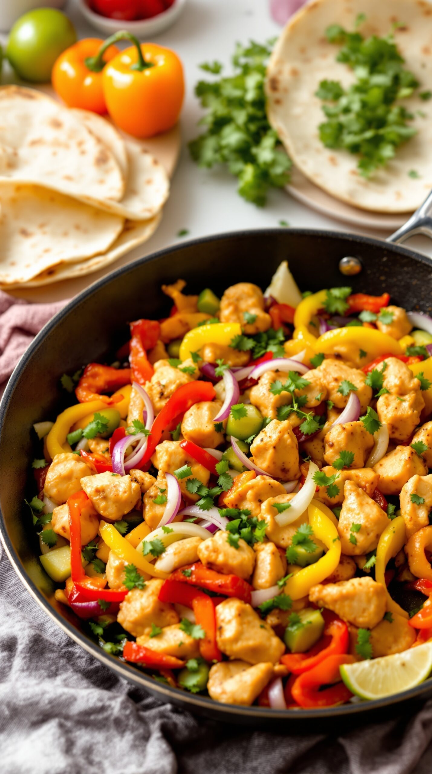 A colorful one-pan chicken fajitas dish with chicken, bell peppers, and tortillas on the side.