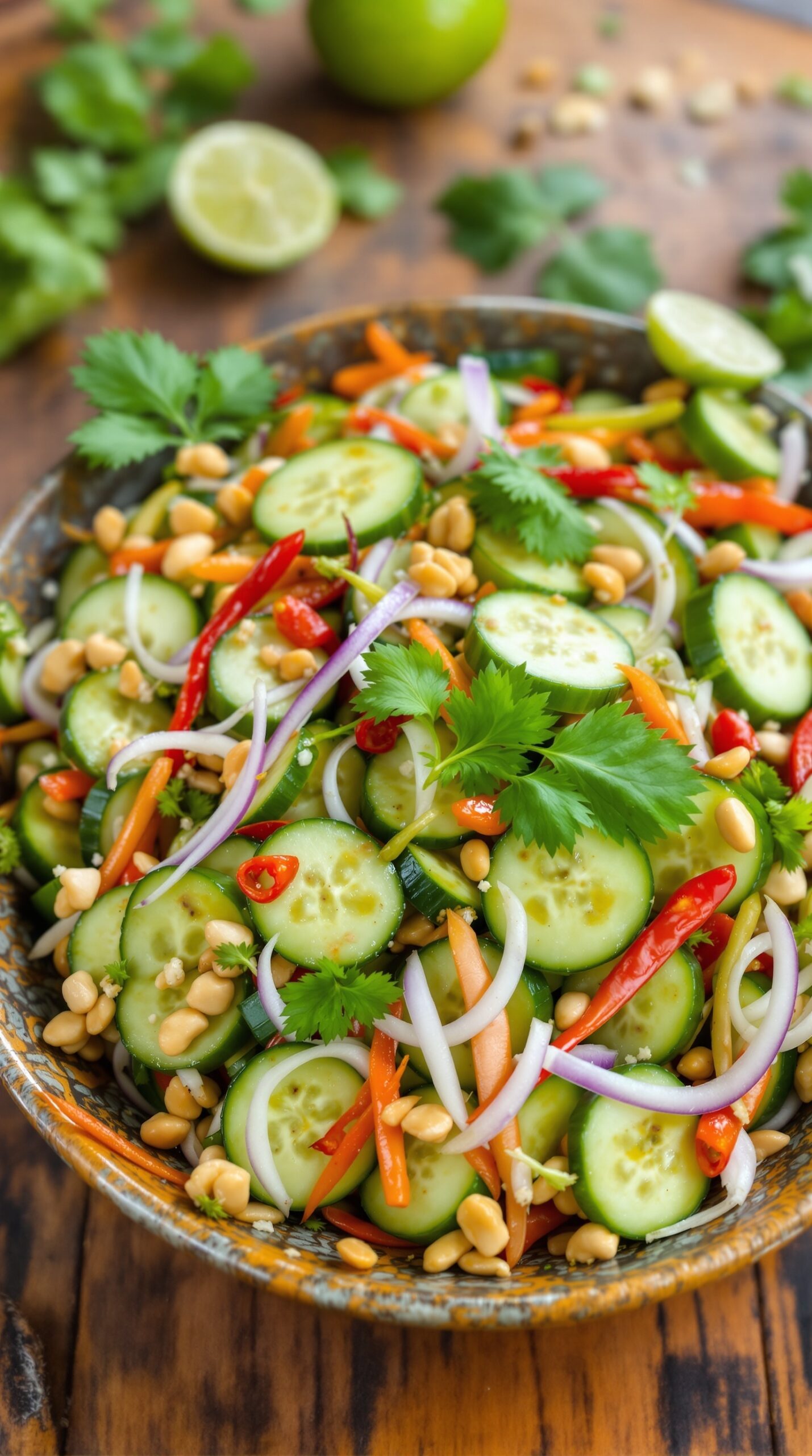 A colorful bowl of Spicy Thai Cucumber Salad with cucumbers, red chilies, and peanuts.