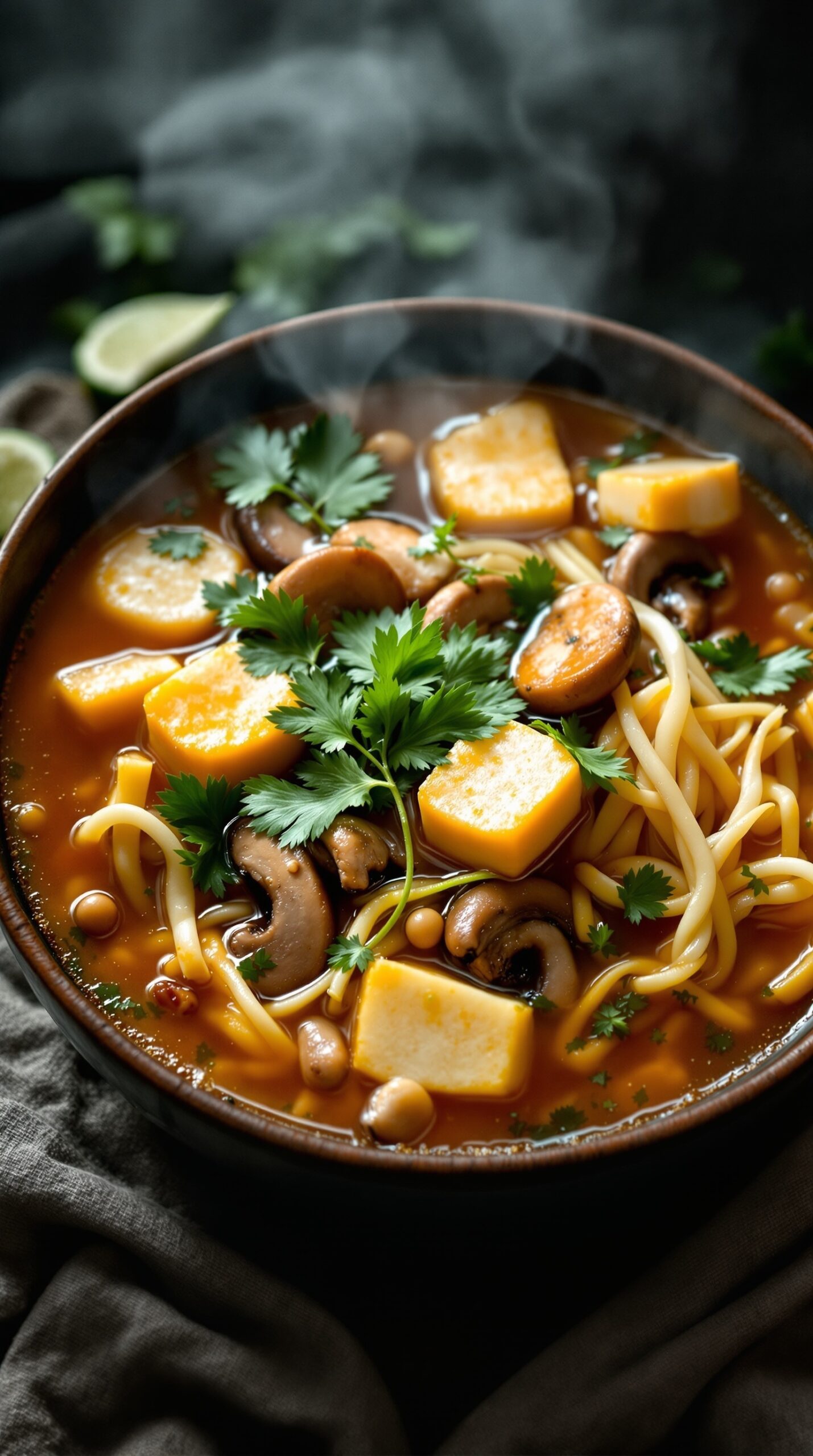 A bowl of zesty hot and sour soup with tofu, mushrooms, and noodles.