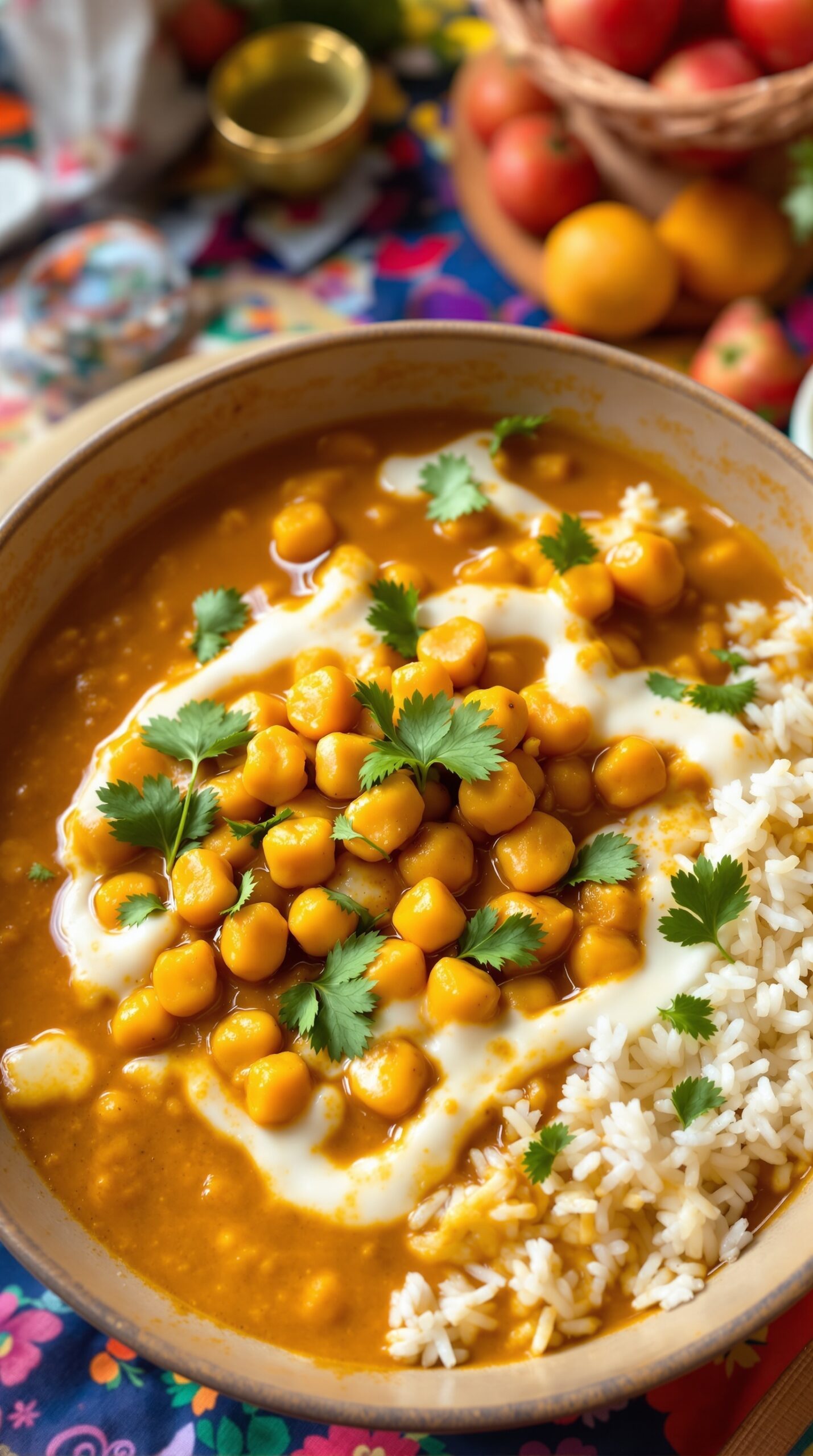 A bowl of chickpea curry in coconut milk topped with cilantro and served with rice