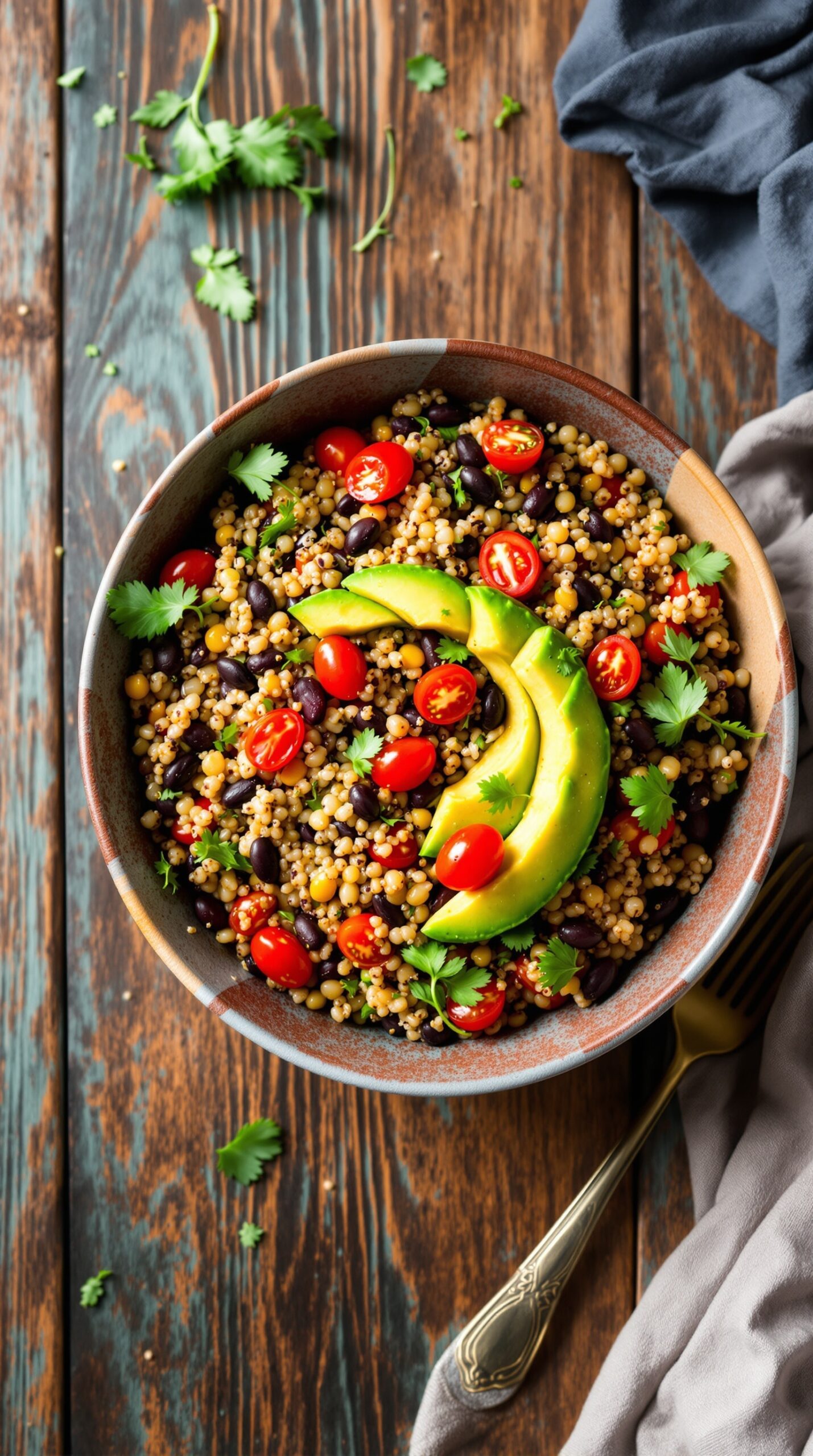 A bowl of quinoa and black bean salad topped with avocado and cherry tomatoes on a wooden table.