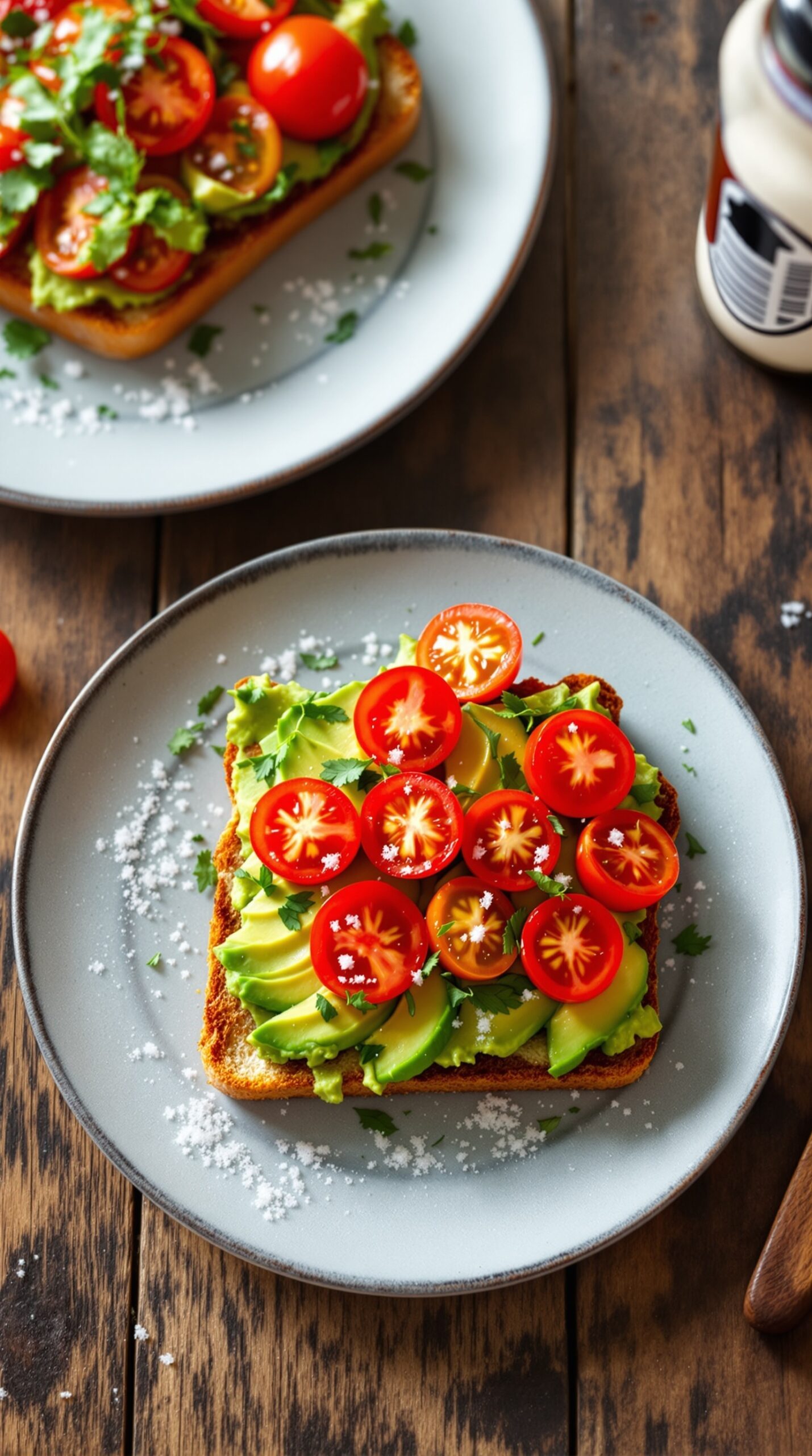 A delicious avocado toast topped with cherry tomatoes and herbs on a plate.