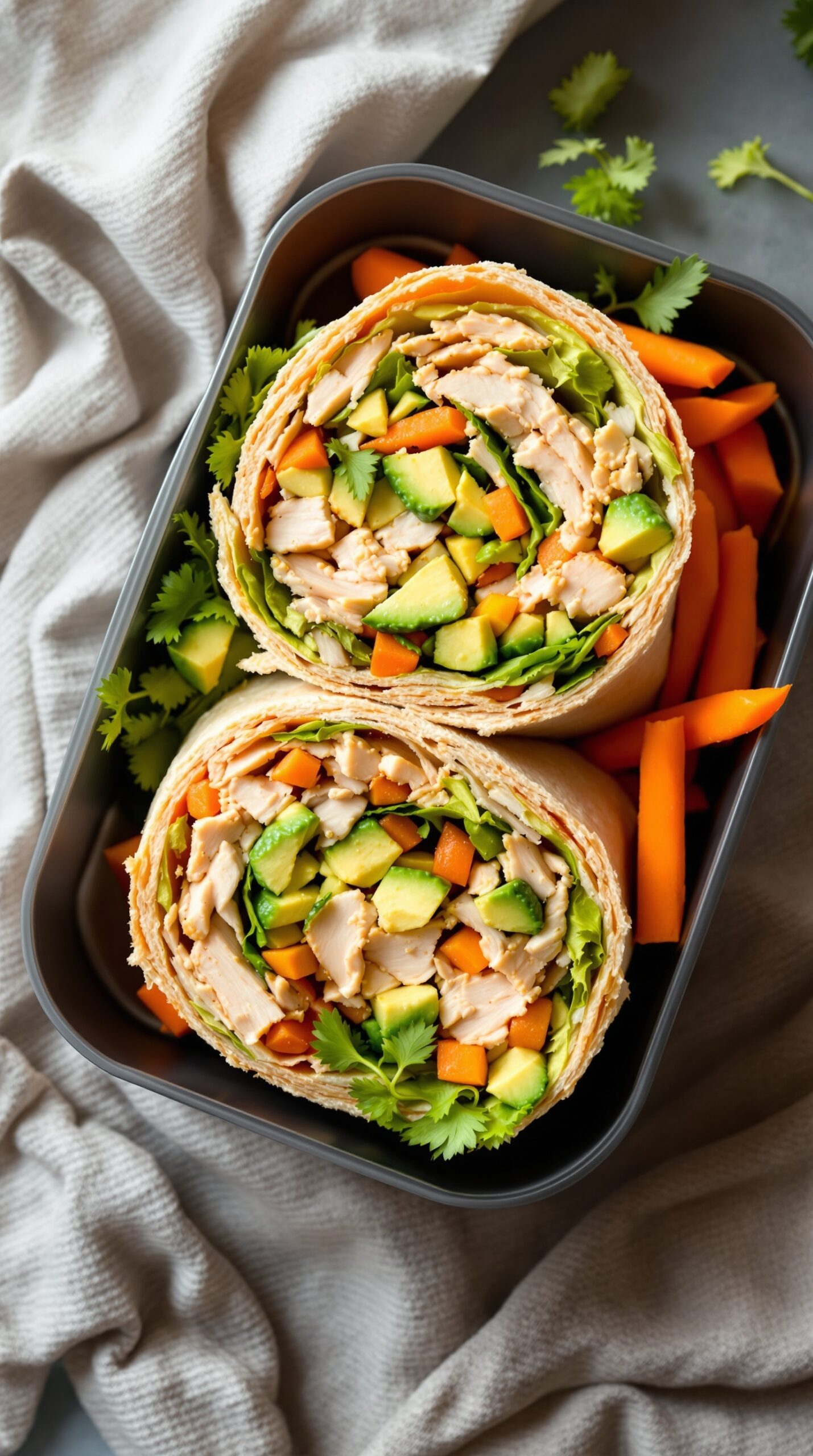 Turkey and avocado wrap with colorful vegetables in a lunch box