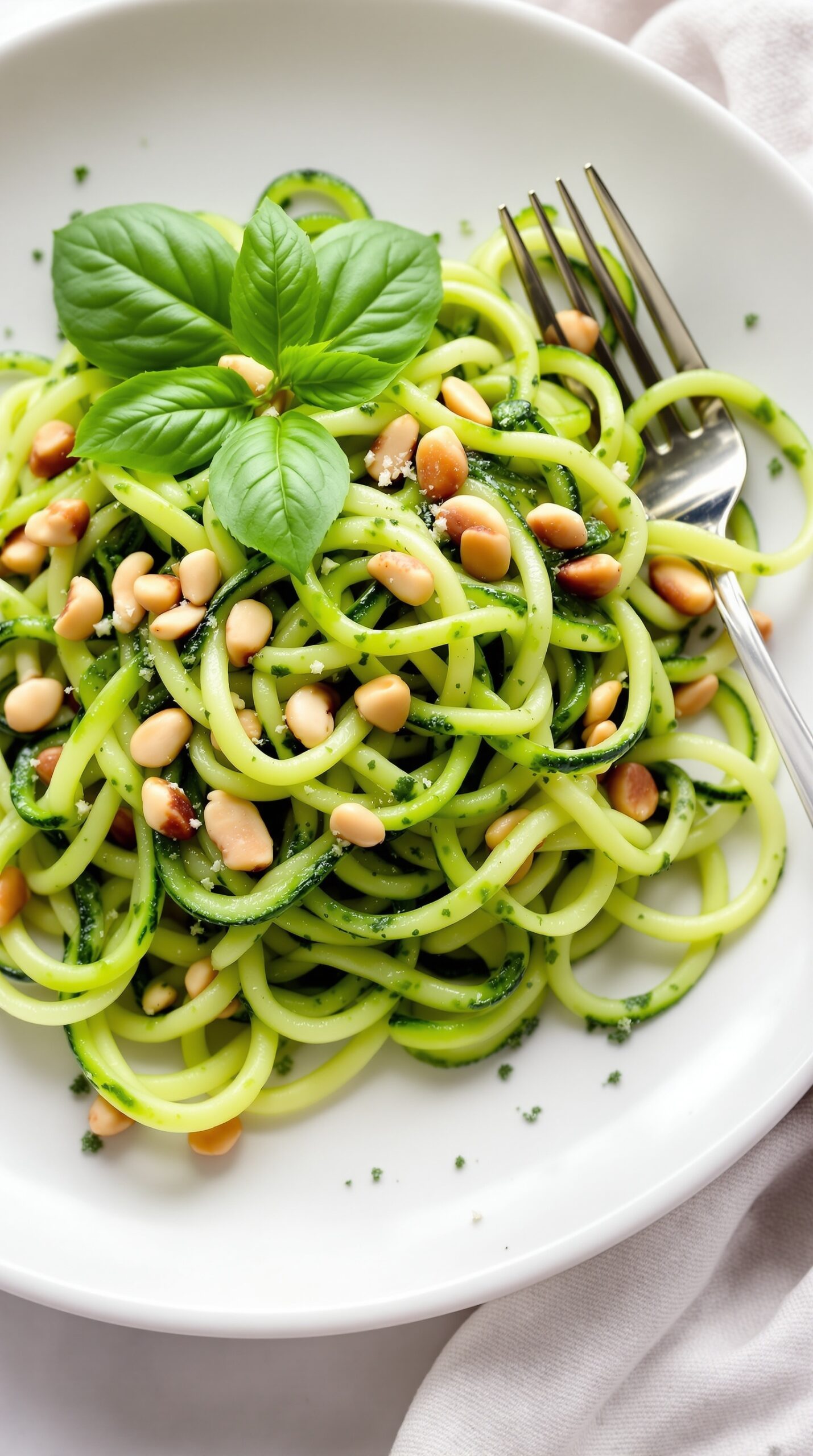 A plate of zucchini noodles topped with pesto, pine nuts, and fresh basil.