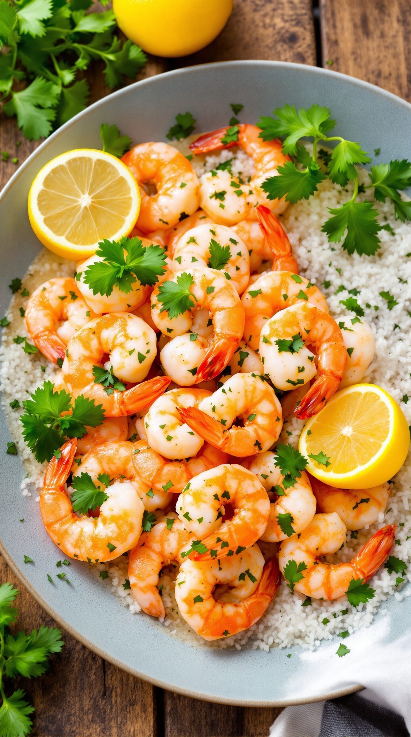 A plate of lemon garlic shrimp garnished with cilantro and lemon slices, served over rice.
