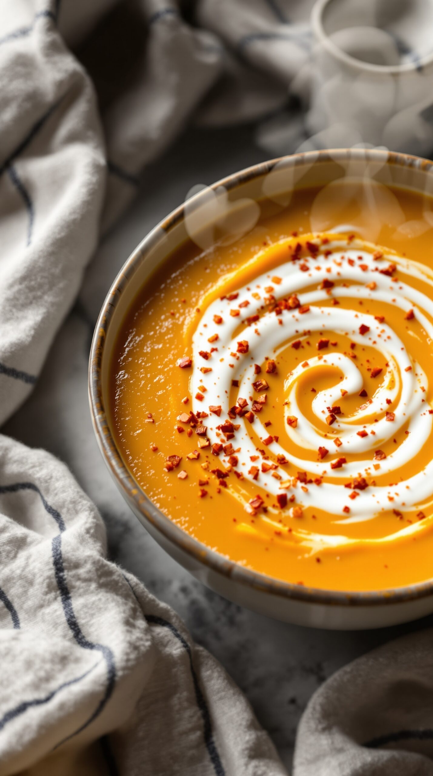 A bowl of spicy roasted butternut squash soup topped with sour cream and red pepper flakes.