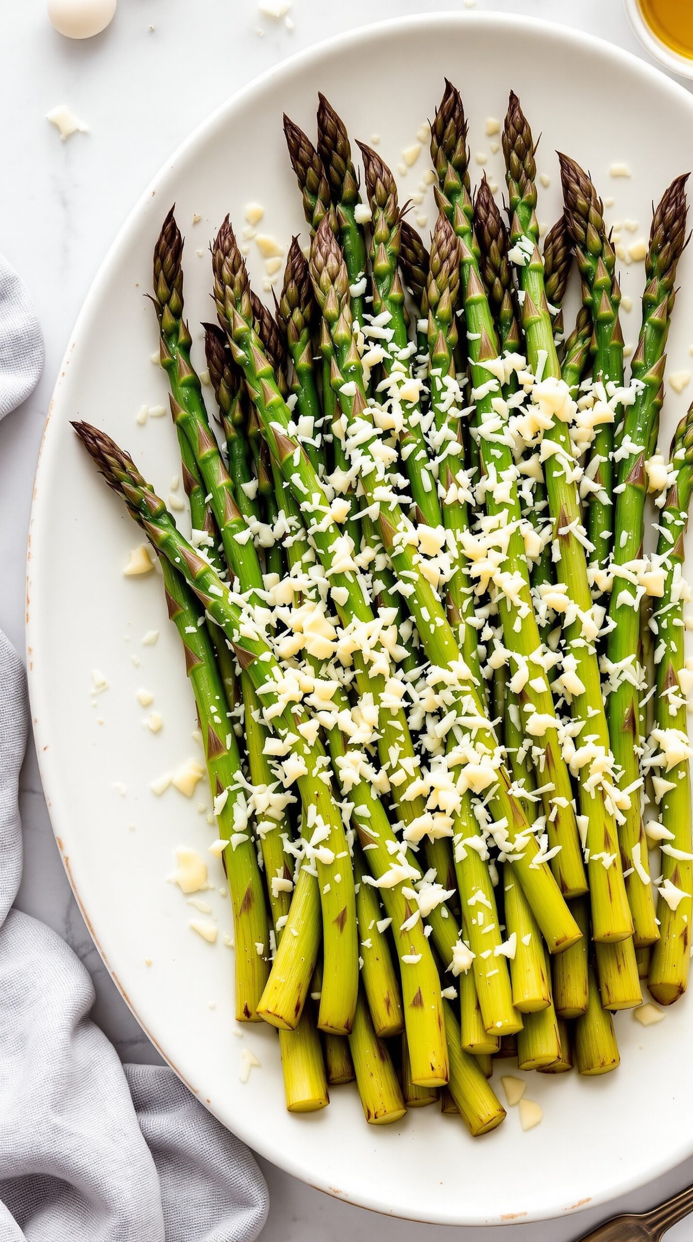Plate of roasted asparagus topped with Parmesan cheese