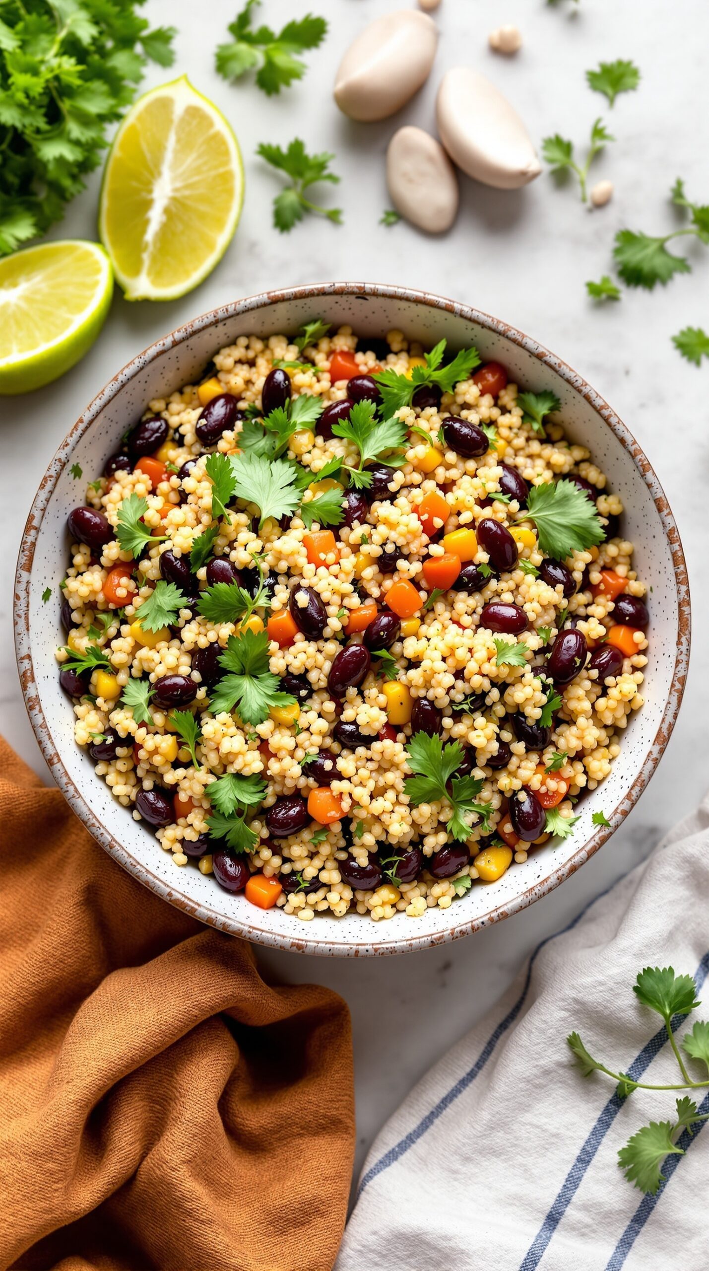 A bowl of Quinoa and Black Bean Salad with colorful ingredients, garnished with fresh cilantro and lime wedges