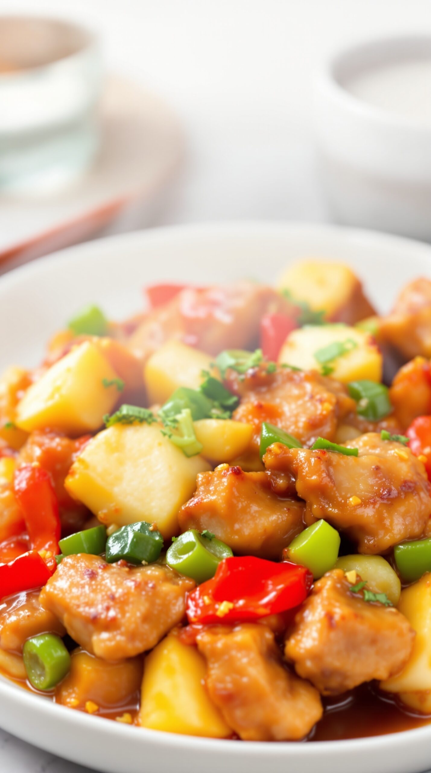 A plate of Sweet and Sour Pork with vegetables and pineapple.