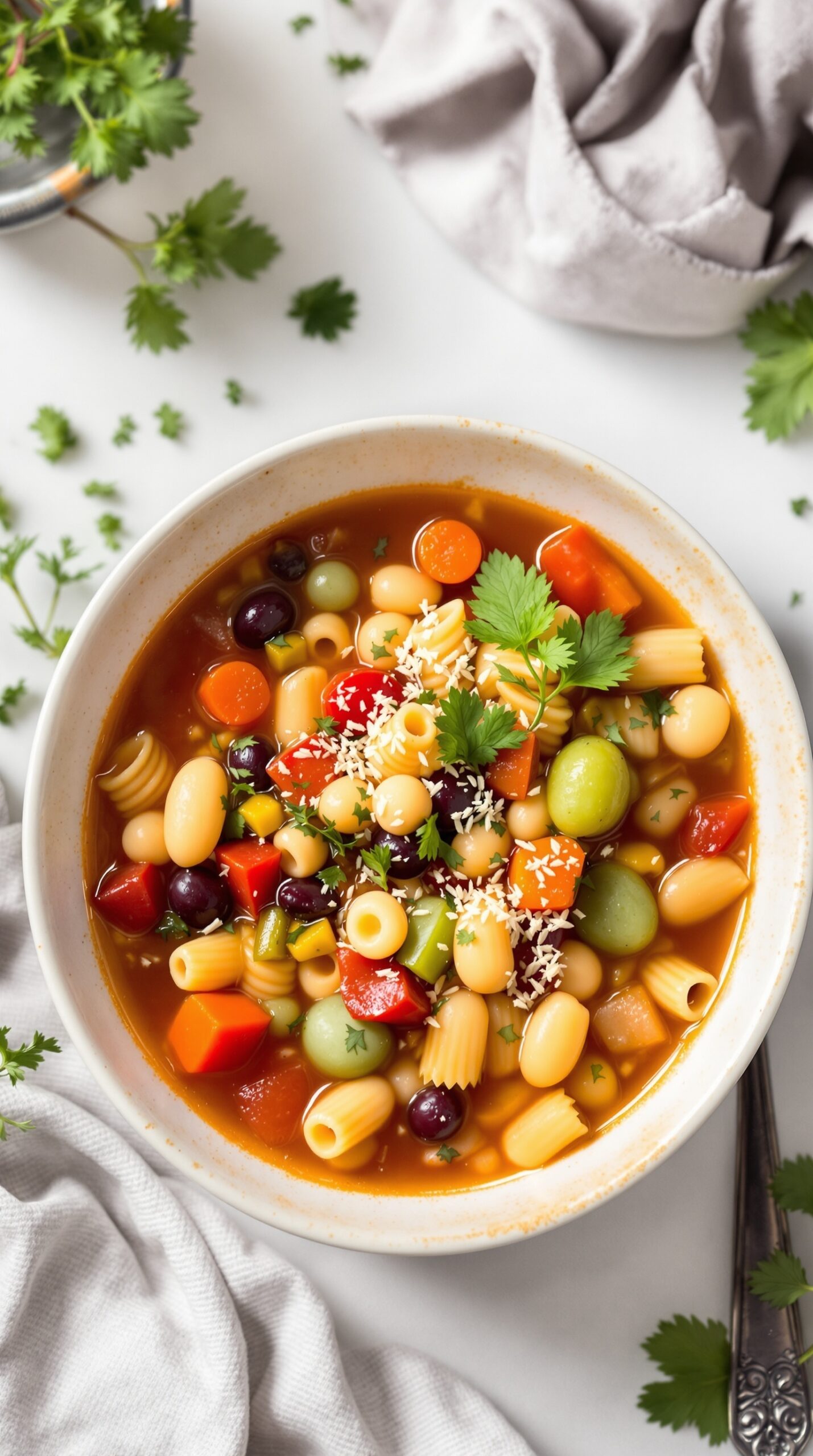 A bowl of classic minestrone soup filled with colorful vegetables and pasta, garnished with fresh herbs.