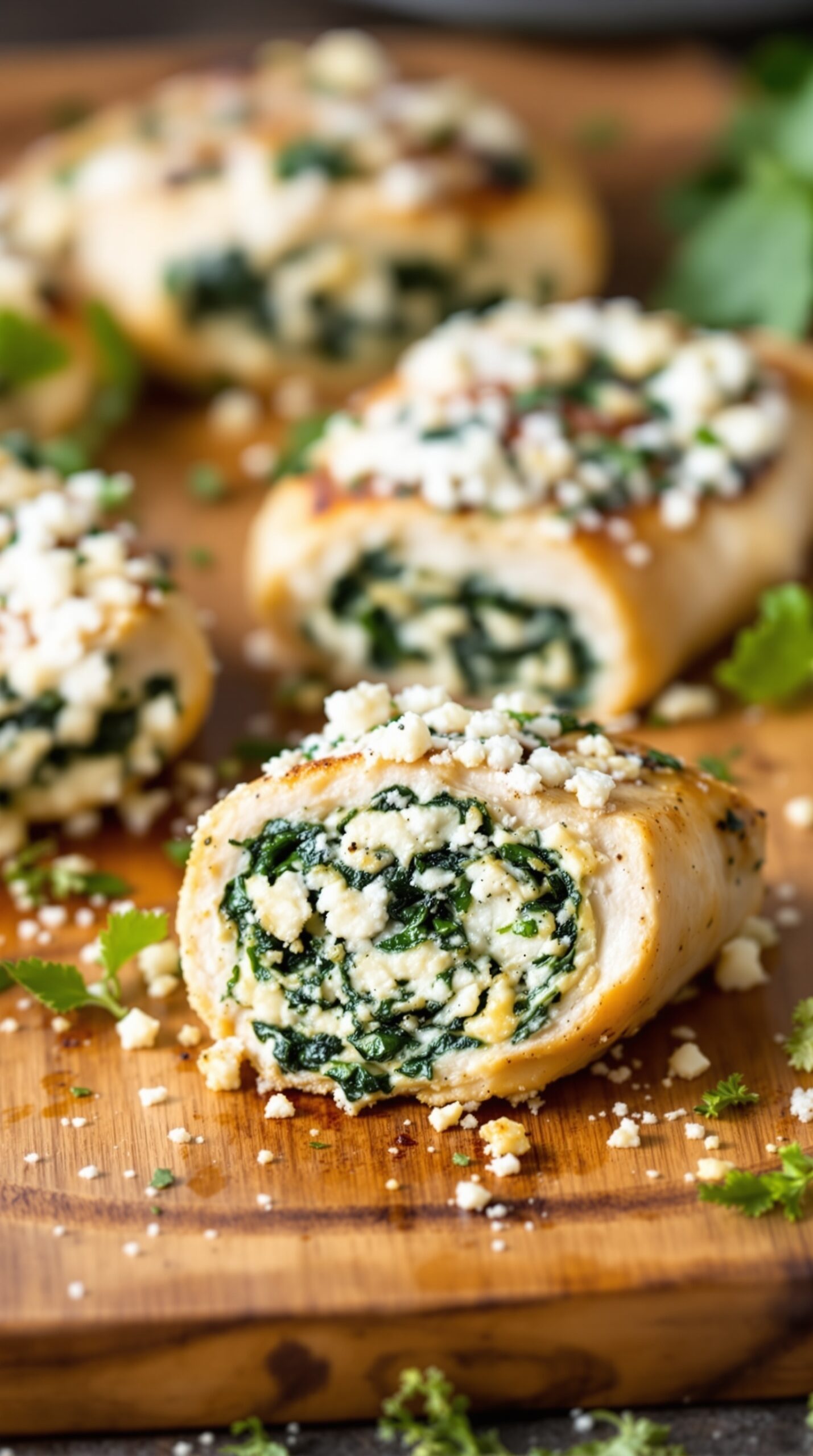 Spinach and feta stuffed chicken breasts on a wooden cutting board