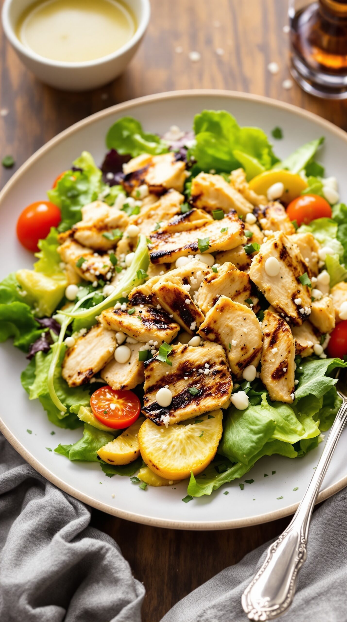 A delicious Caesar salad with grilled chicken, cherry tomatoes, and lemon slices.
