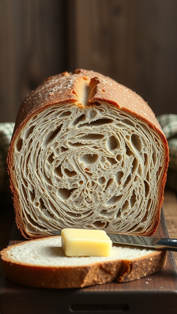 A loaf of sourdough rye bread sliced to show its texture, with a pat of butter on a slice.