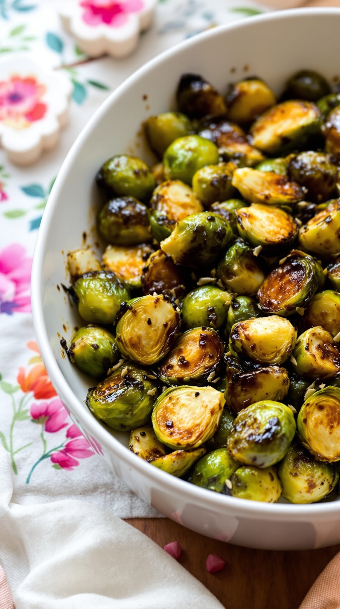 Balsamic roasted Brussels sprouts in a white bowl on a floral tablecloth.