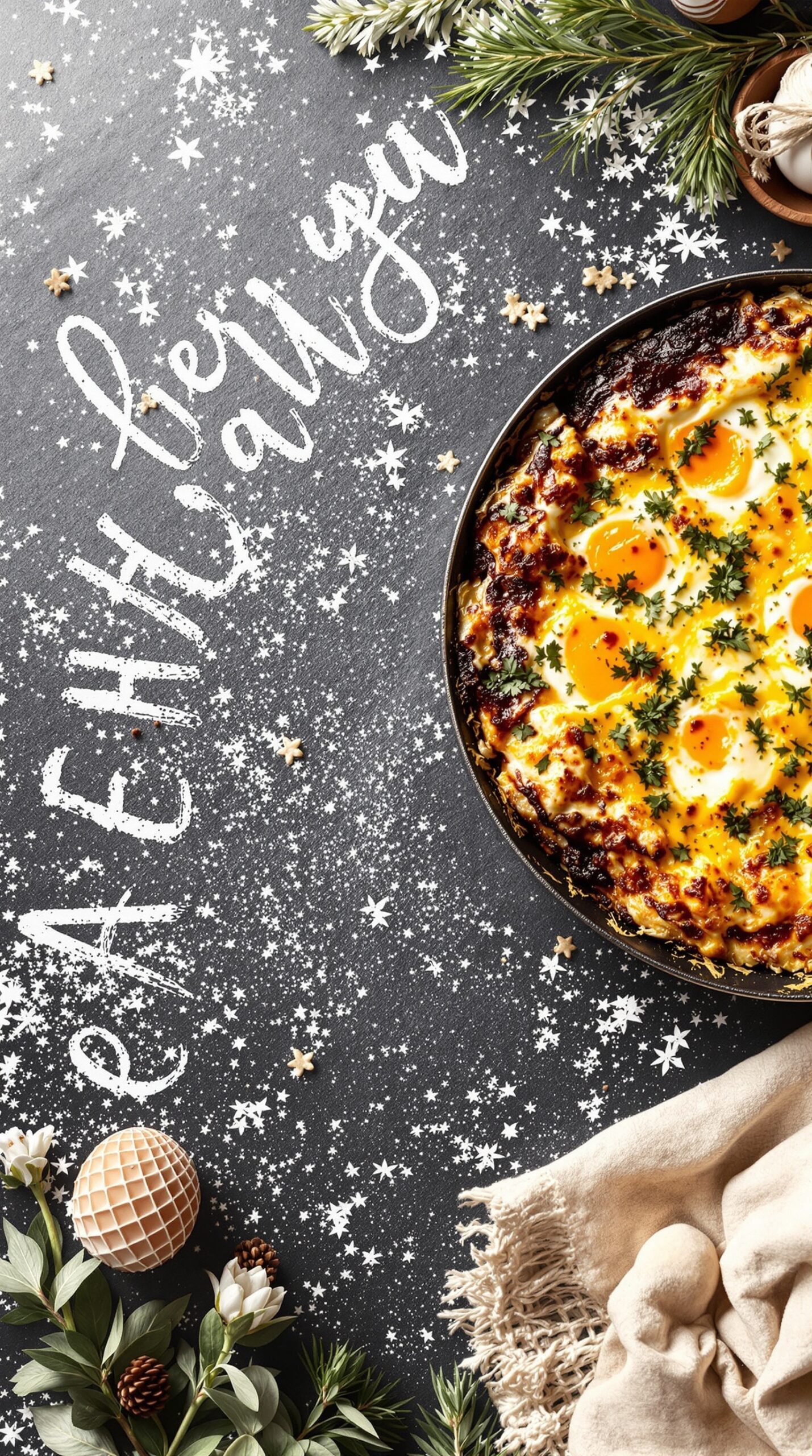 A delicious egg and cheese breakfast casserole surrounded by festive decorations.
