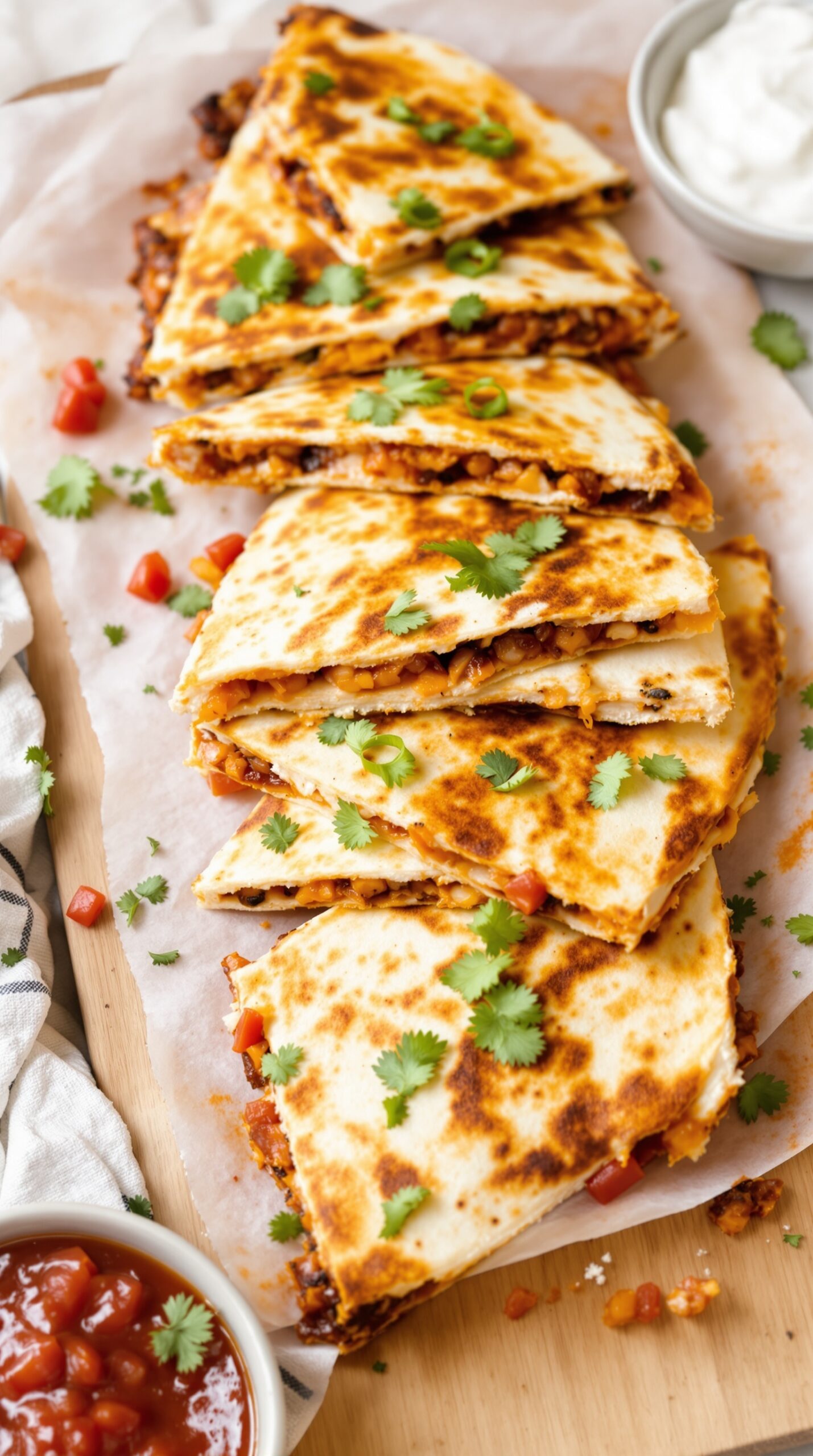 Delicious kimchi quesadillas garnished with cilantro and tomatoes, served with salsa.