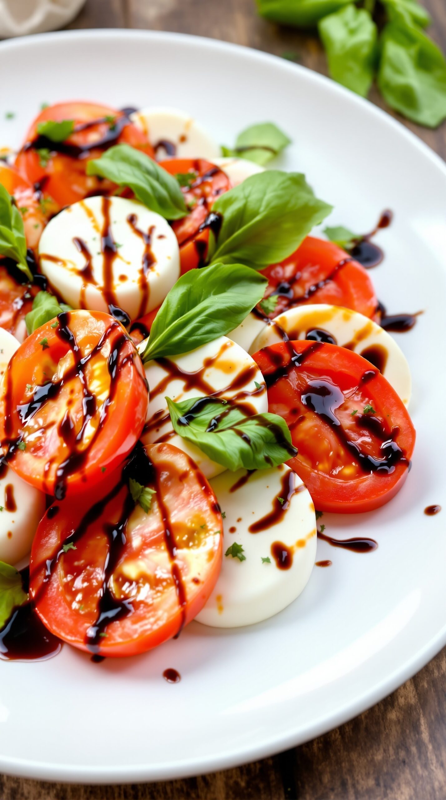 A vibrant Caprese salad with sliced tomatoes, mozzarella, fresh basil, and balsamic glaze.