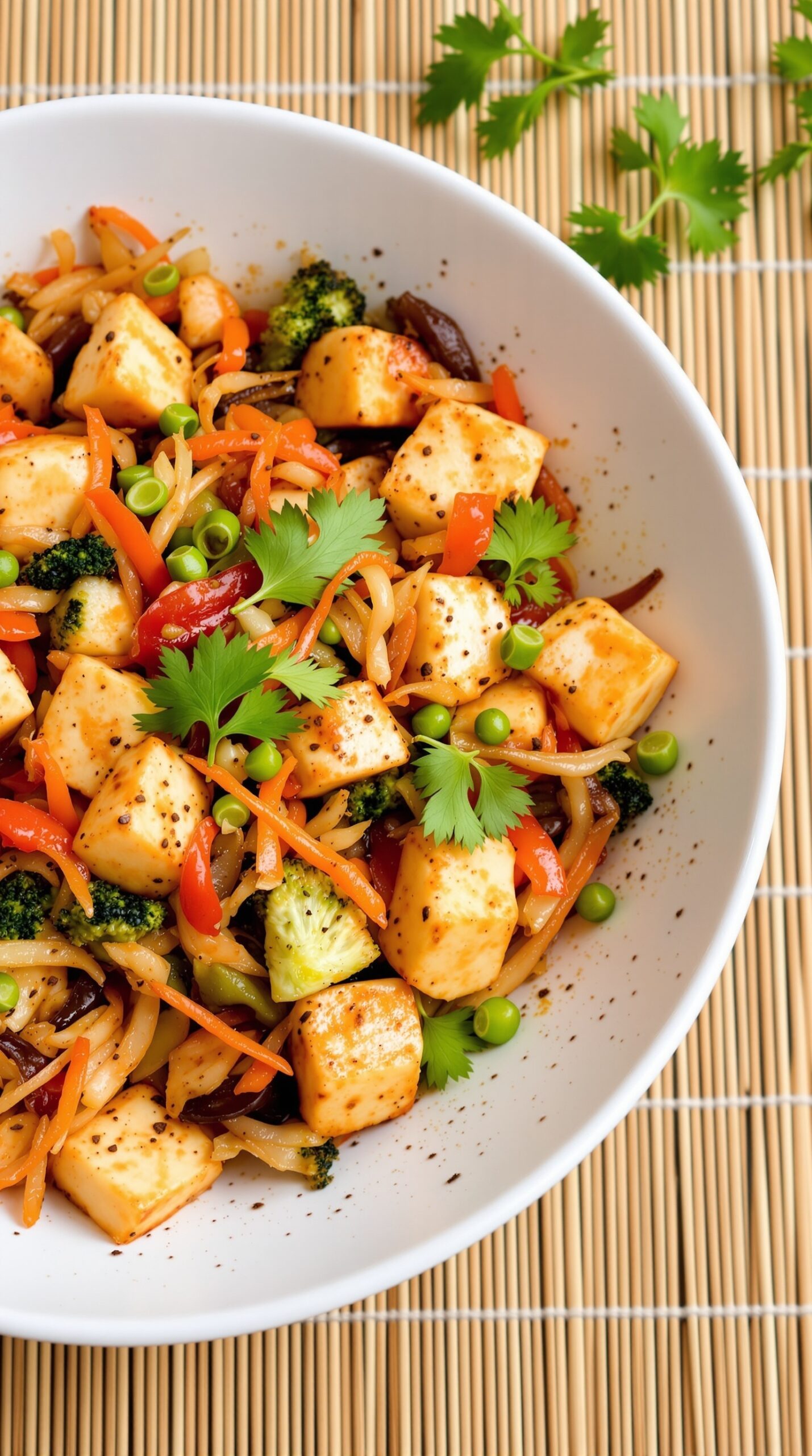 Bowl of vegan kimchi with tofu and colorful vegetables