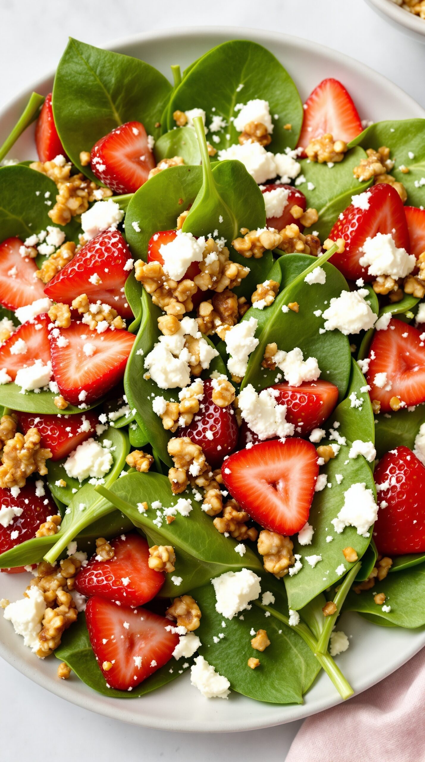 A vibrant salad featuring fresh spinach, sliced strawberries, crumbled feta cheese, and candied walnuts on a white plate.