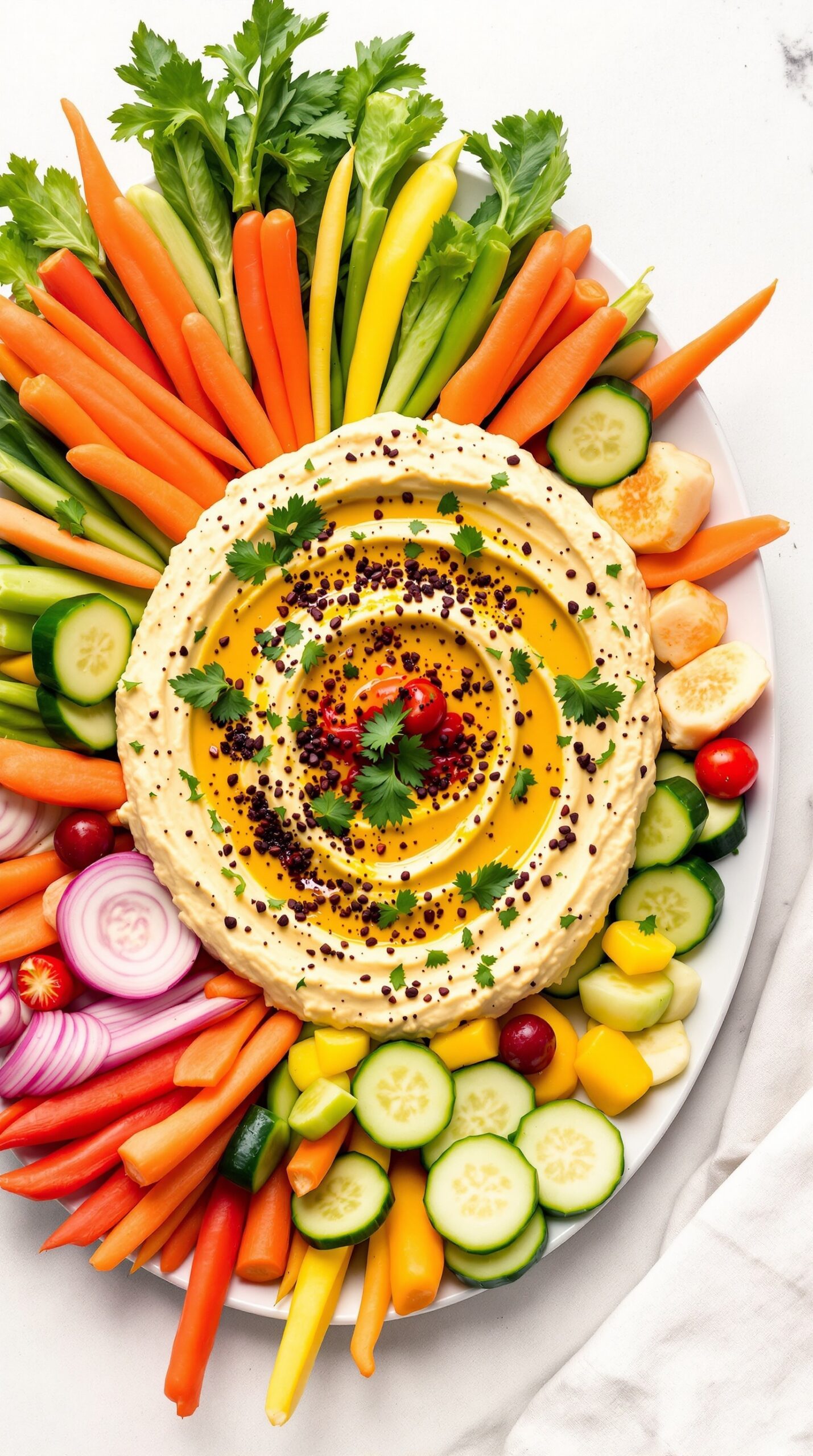 A colorful hummus and veggie platter with various fresh vegetables arranged around a bowl of hummus.