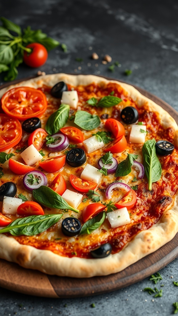 A delicious sourdough pizza topped with fresh tomatoes, olives, onions, and basil on a wooden board.