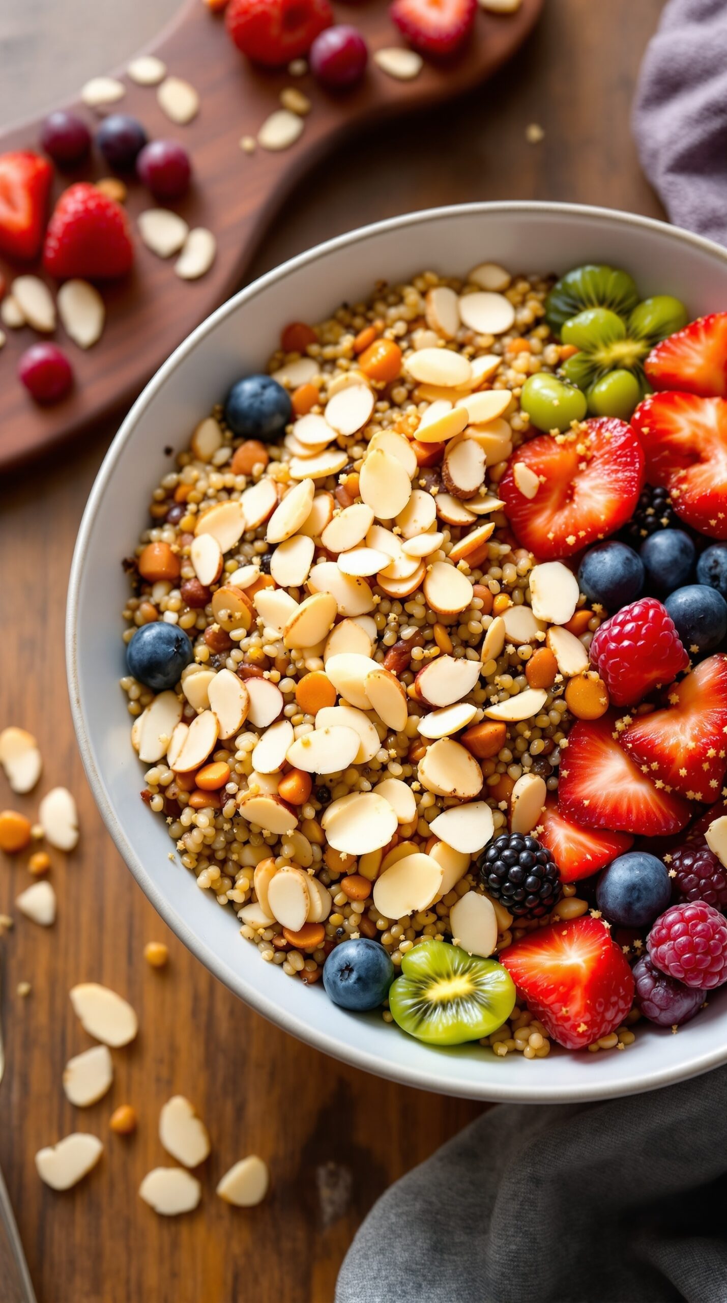 A colorful quinoa breakfast bowl topped with sliced almonds and fresh fruits like strawberries, blueberries, and kiwi.