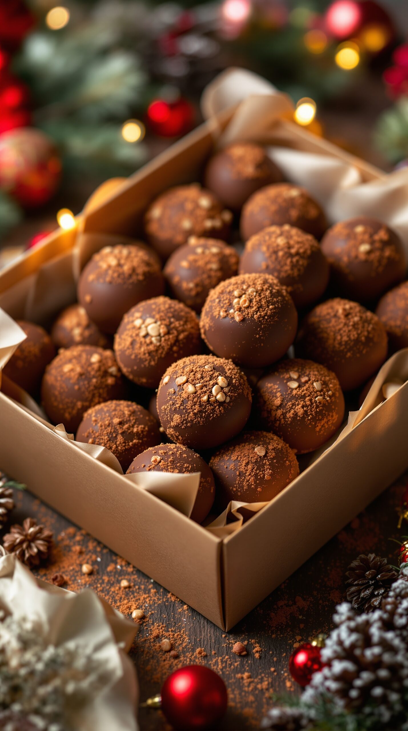 A box of chocolate hazelnut truffles sprinkled with crushed hazelnuts and cocoa powder, surrounded by festive decorations.