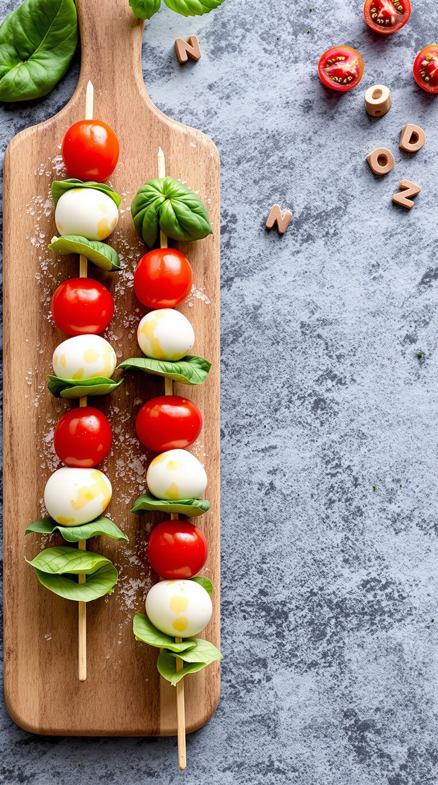 Mini Caprese skewers with cherry tomatoes, mozzarella, and basil on a wooden board