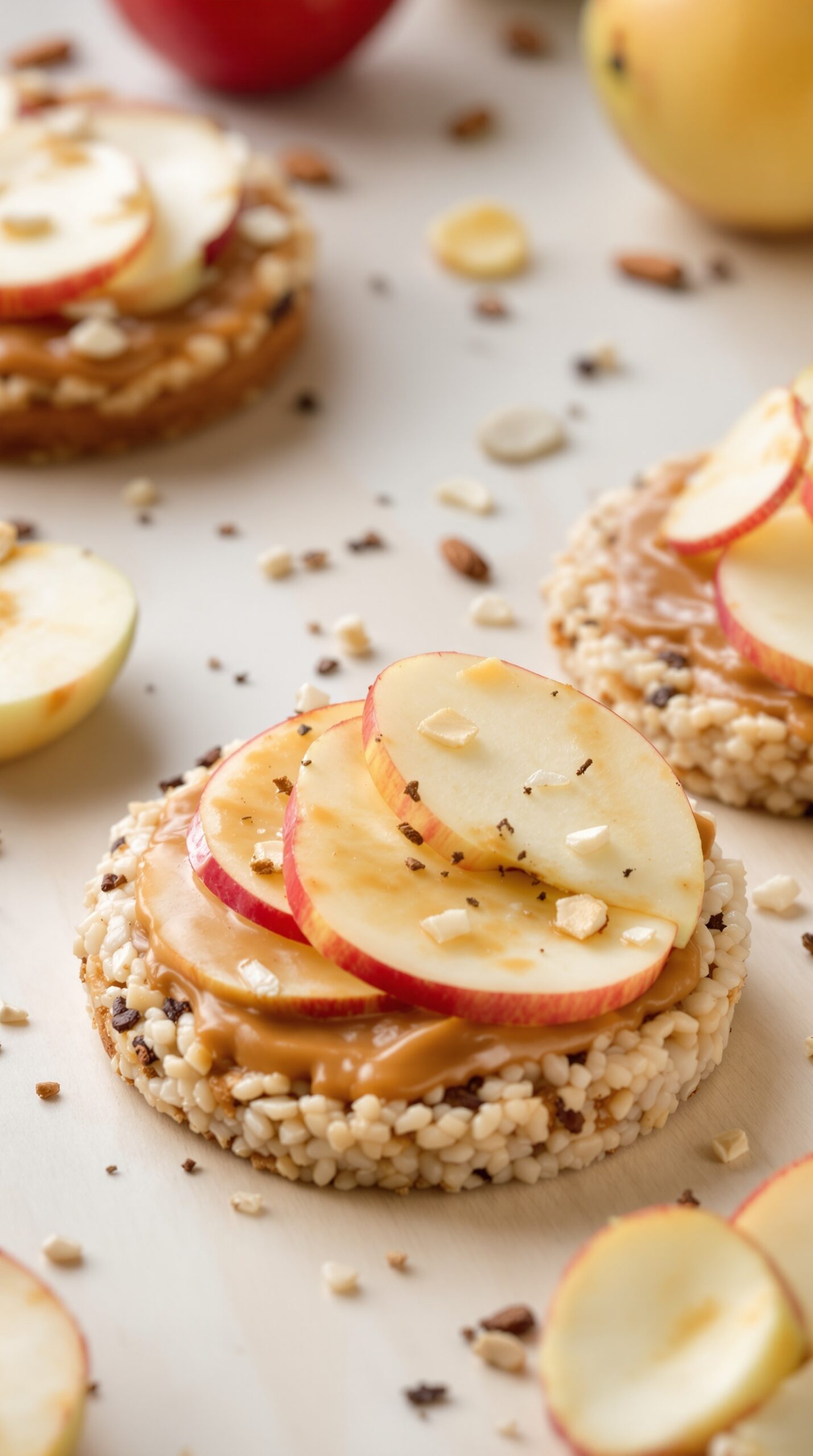 Rice cakes topped with almond butter and apple slices