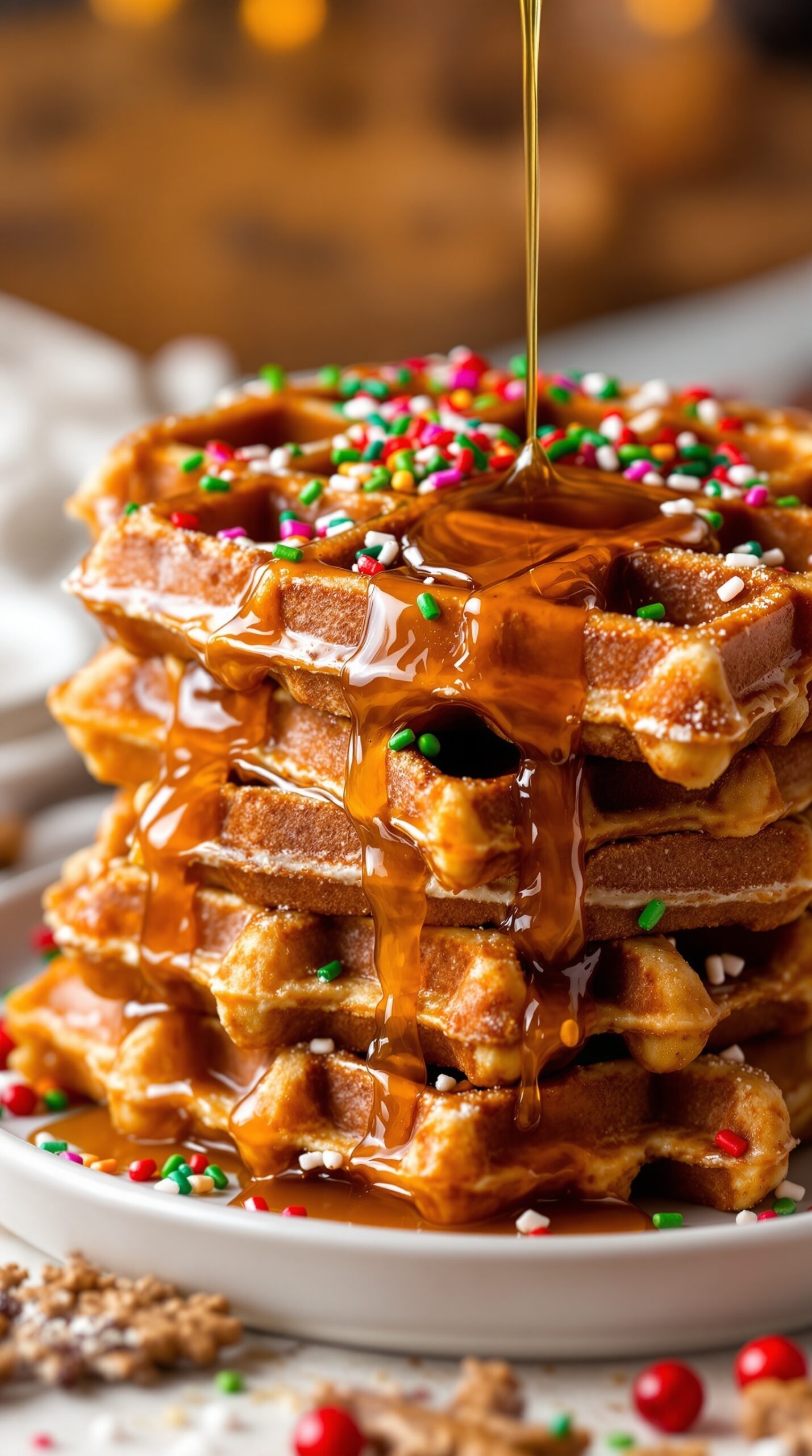 A stack of gingerbread waffles drizzled with maple syrup and topped with colorful sprinkles.