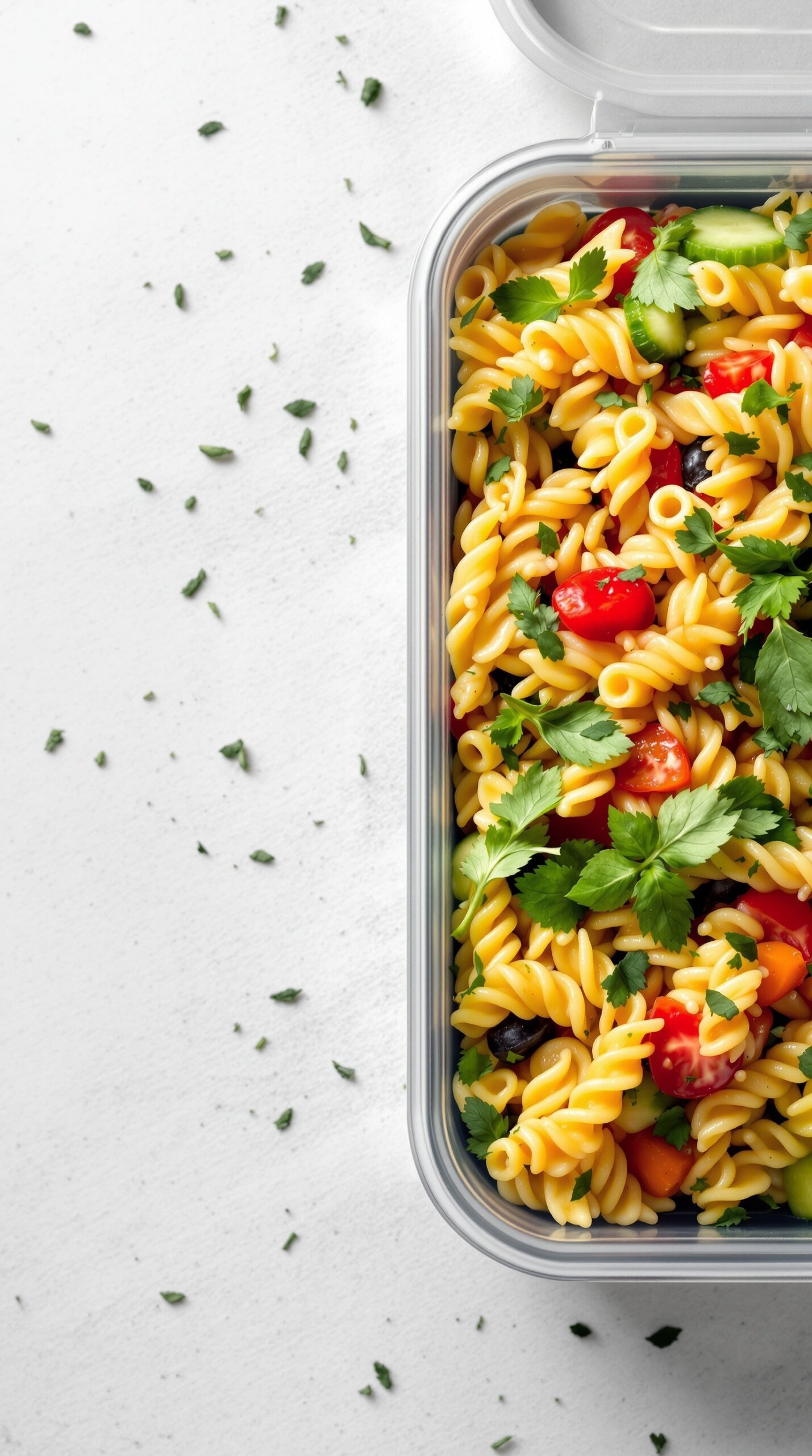A colorful pasta salad with veggies in a lunch box.