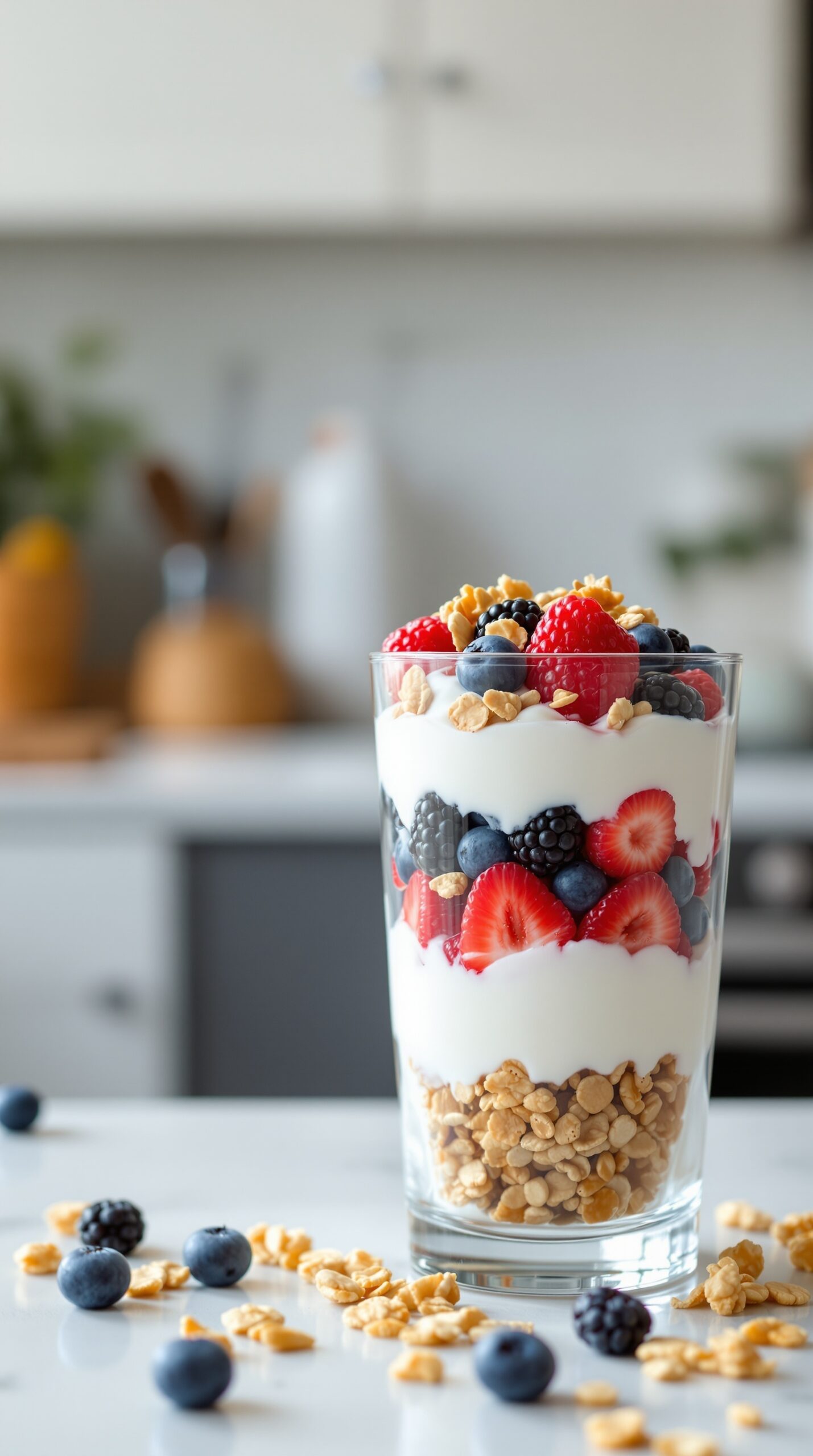 A glass of Greek yogurt parfait layered with berries and granola.