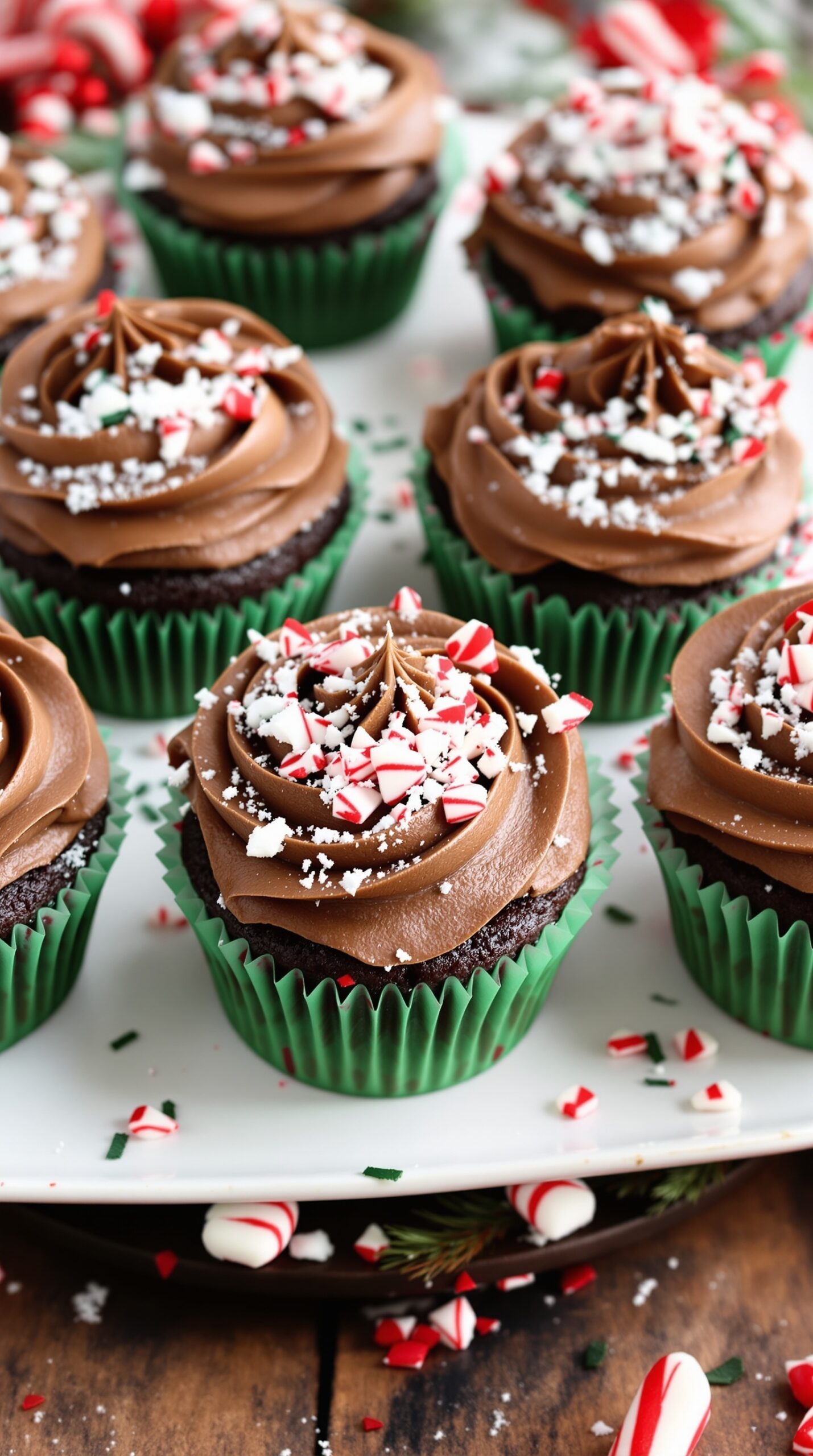 Peppermint mocha cupcakes with chocolate frosting and crushed candy canes on top