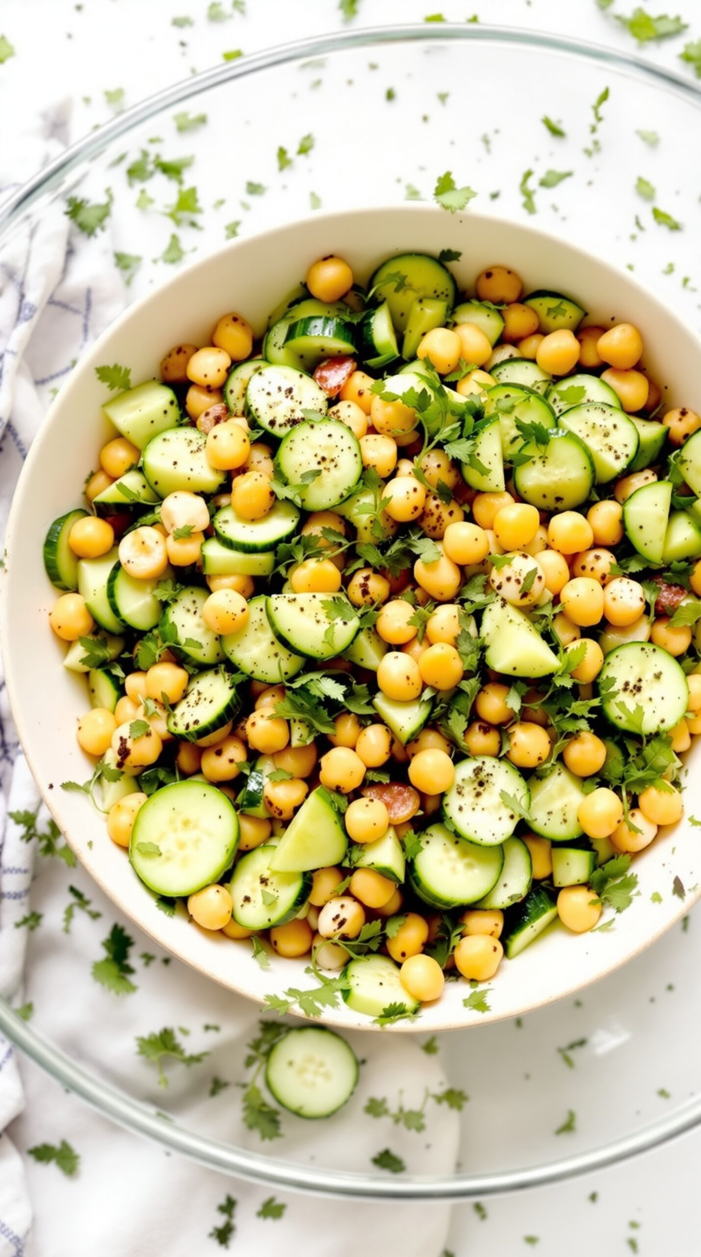 A bowl of cucumber and chickpea salad with fresh herbs