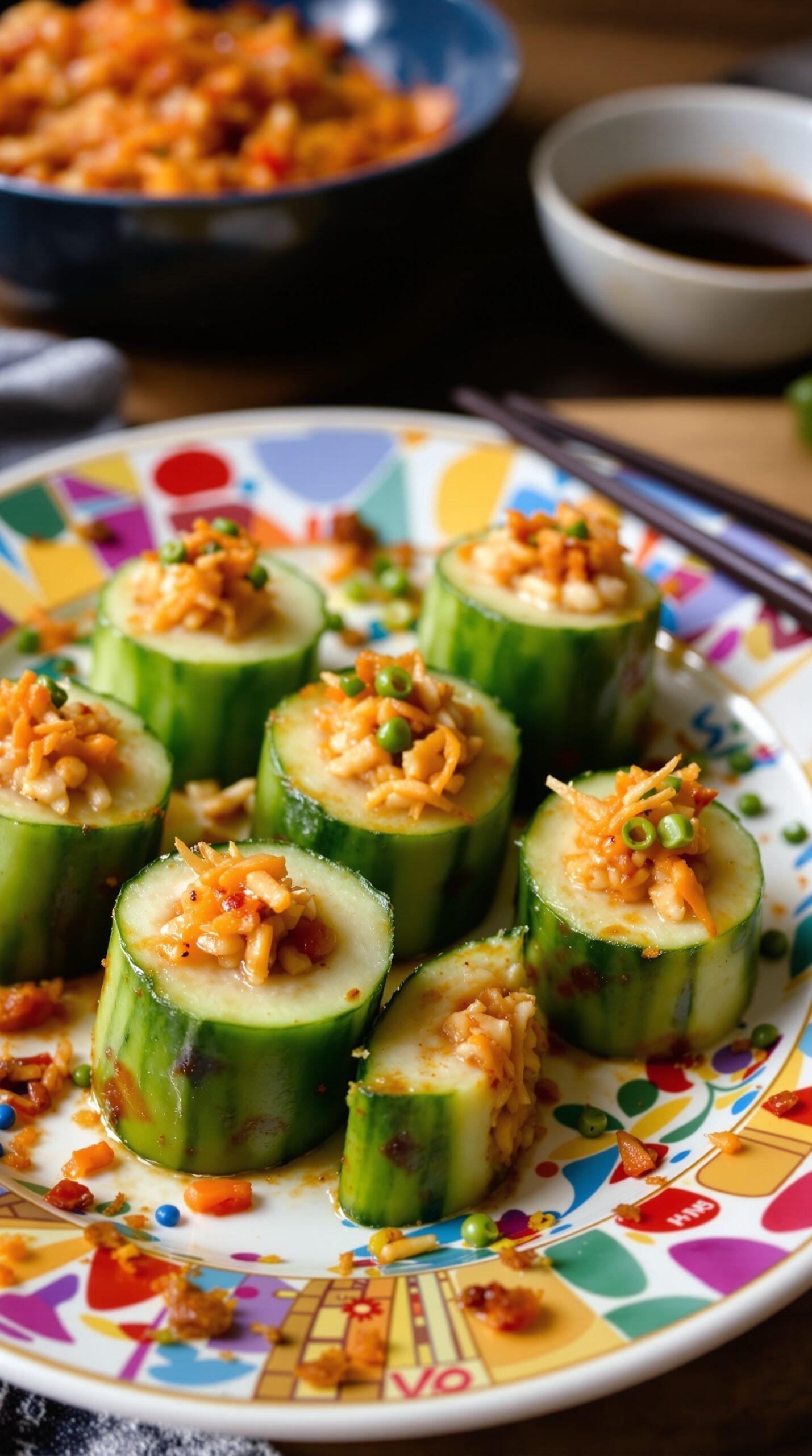 A plate of cucumber kimchi with colorful toppings.