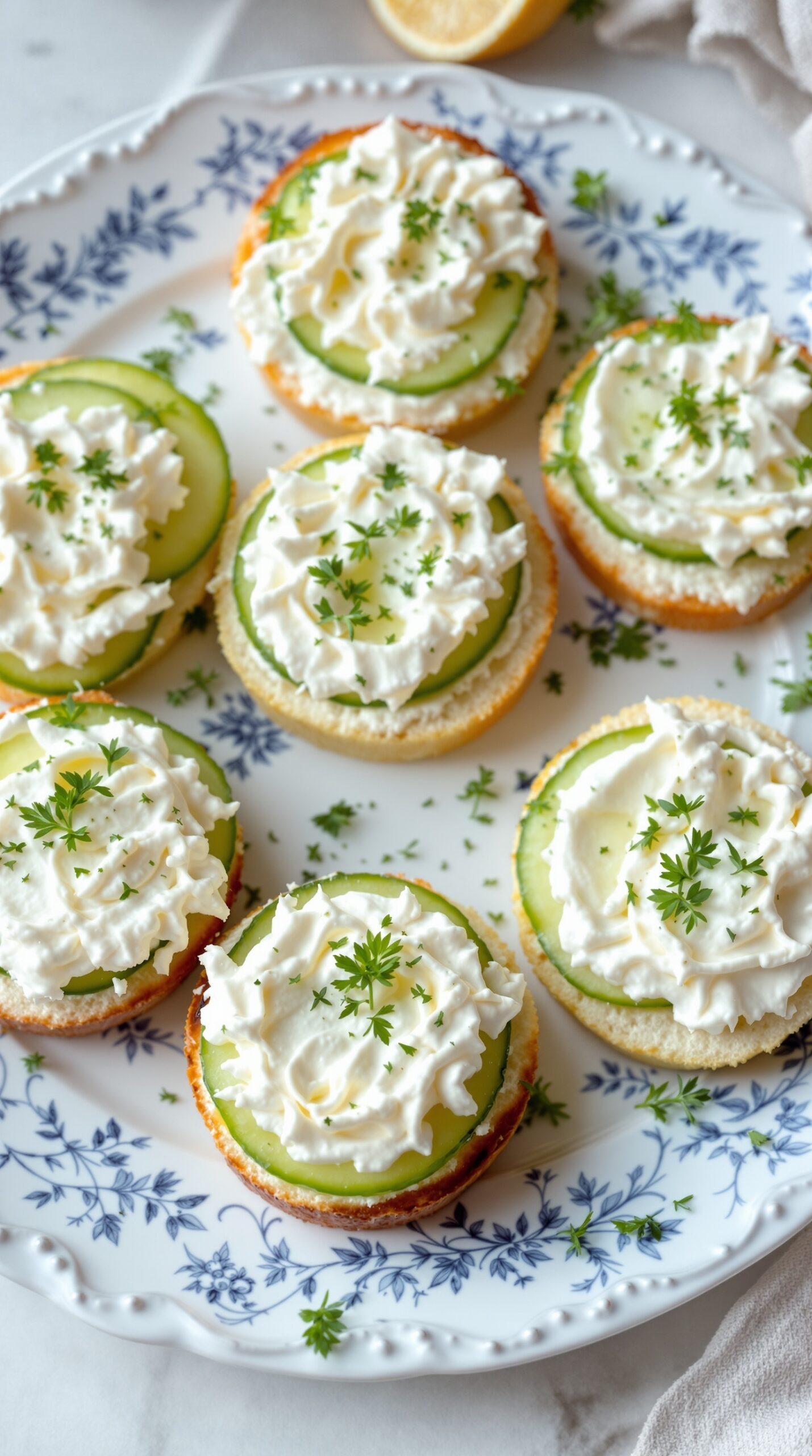 Cucumber sandwiches with cream cheese on a decorative plate