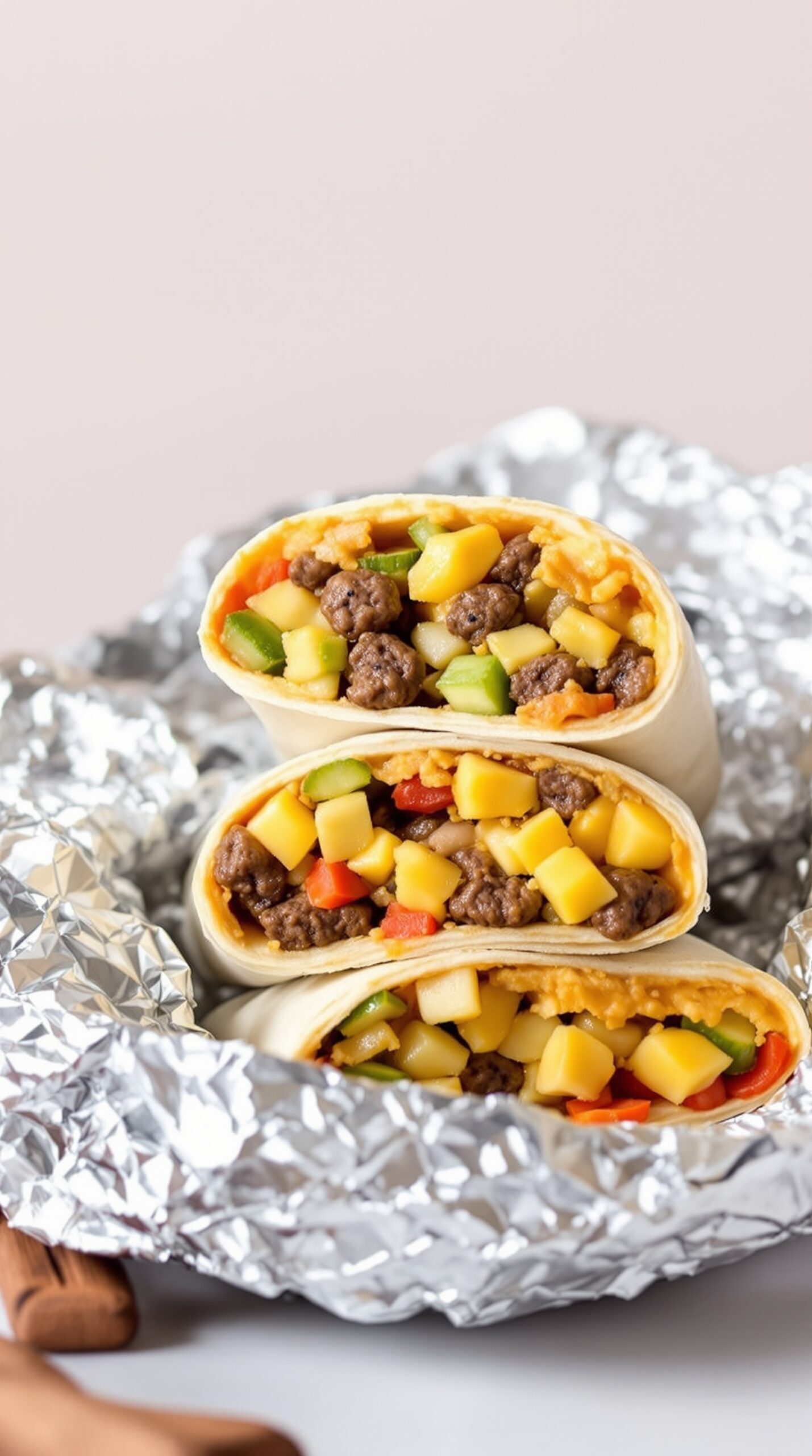 Breakfast burritos filled with sausage and veggies, wrapped in foil.