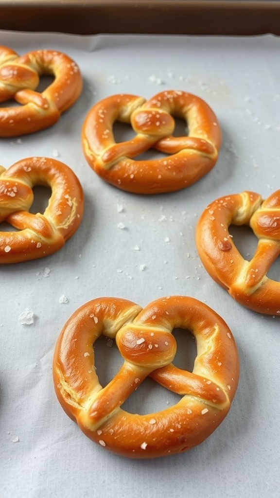 Freshly baked sourdough pretzels on a baking sheet