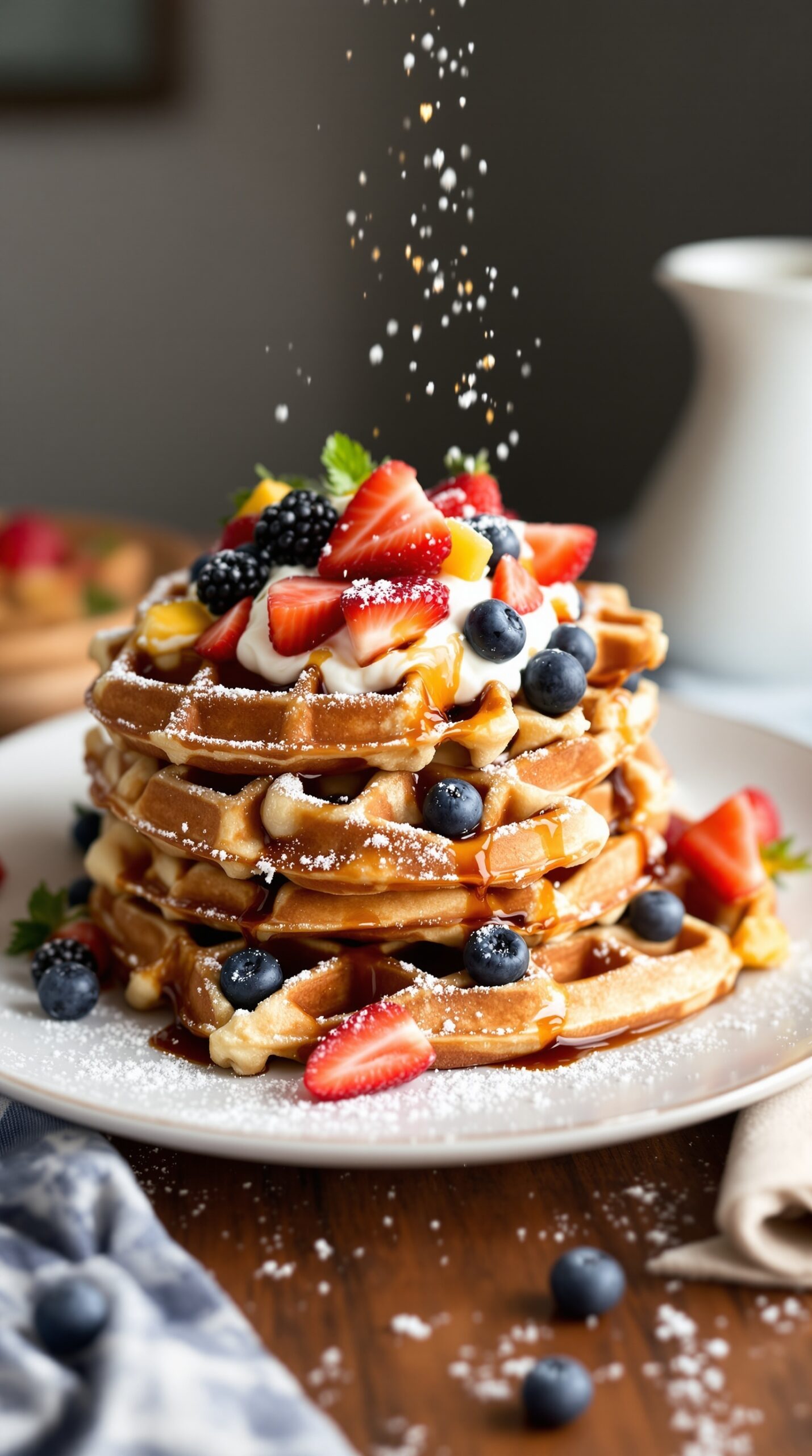 A stack of golden-brown sourdough waffles topped with fresh berries and syrup.