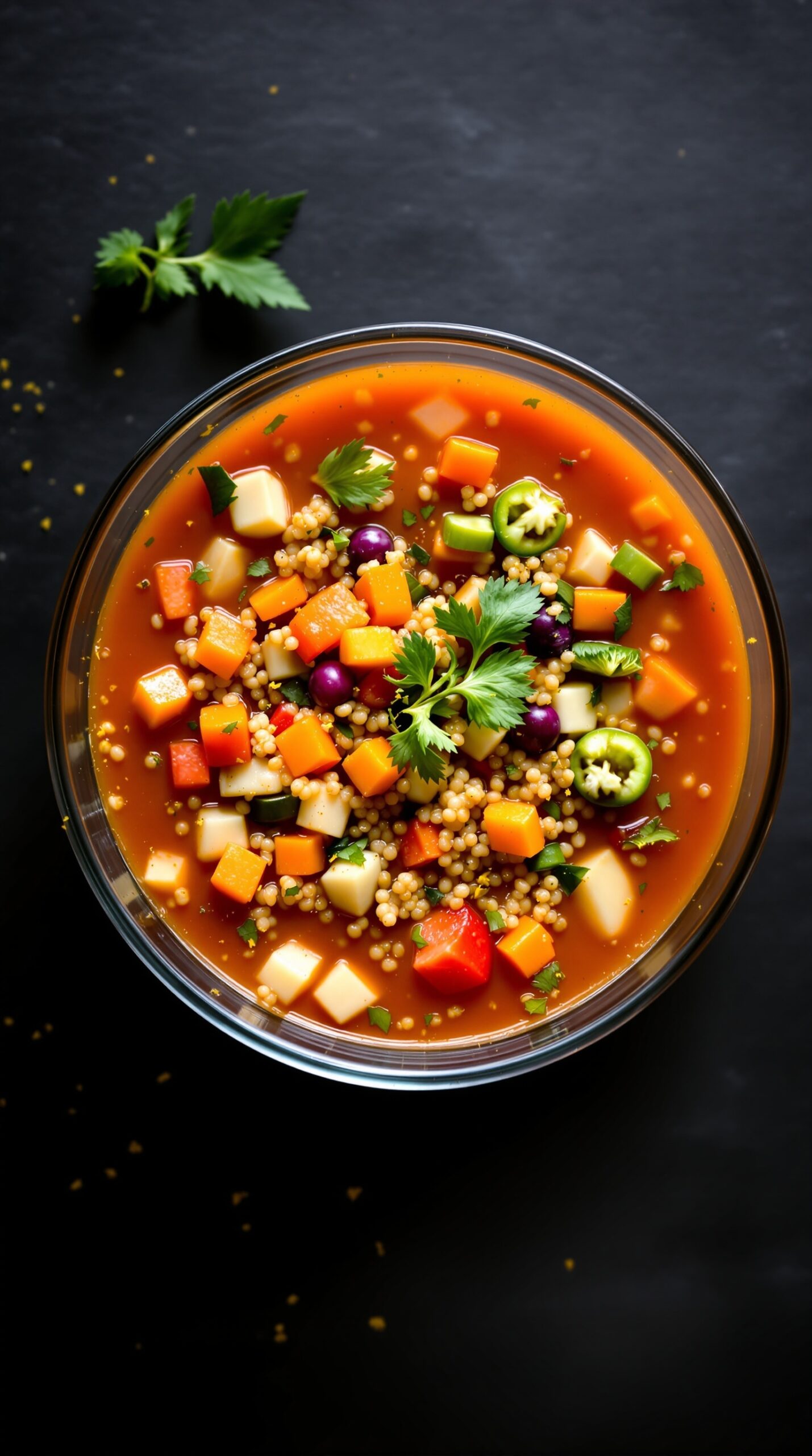 A bowl of zesty vegetable and quinoa soup filled with colorful vegetables and garnished with cilantro.