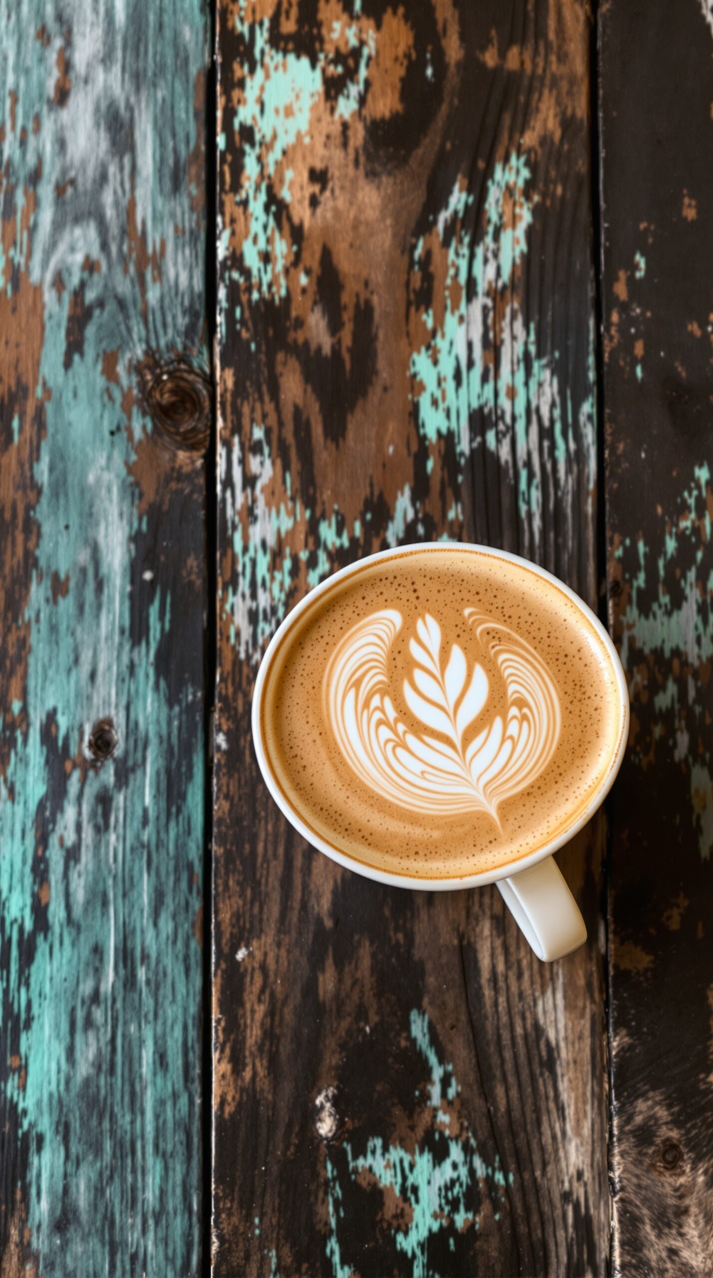 Artisan coffee with latte art on a rustic wooden table