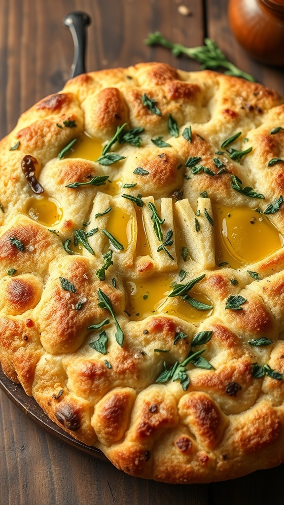 A freshly baked sourdough focaccia topped with herbs and olive oil.