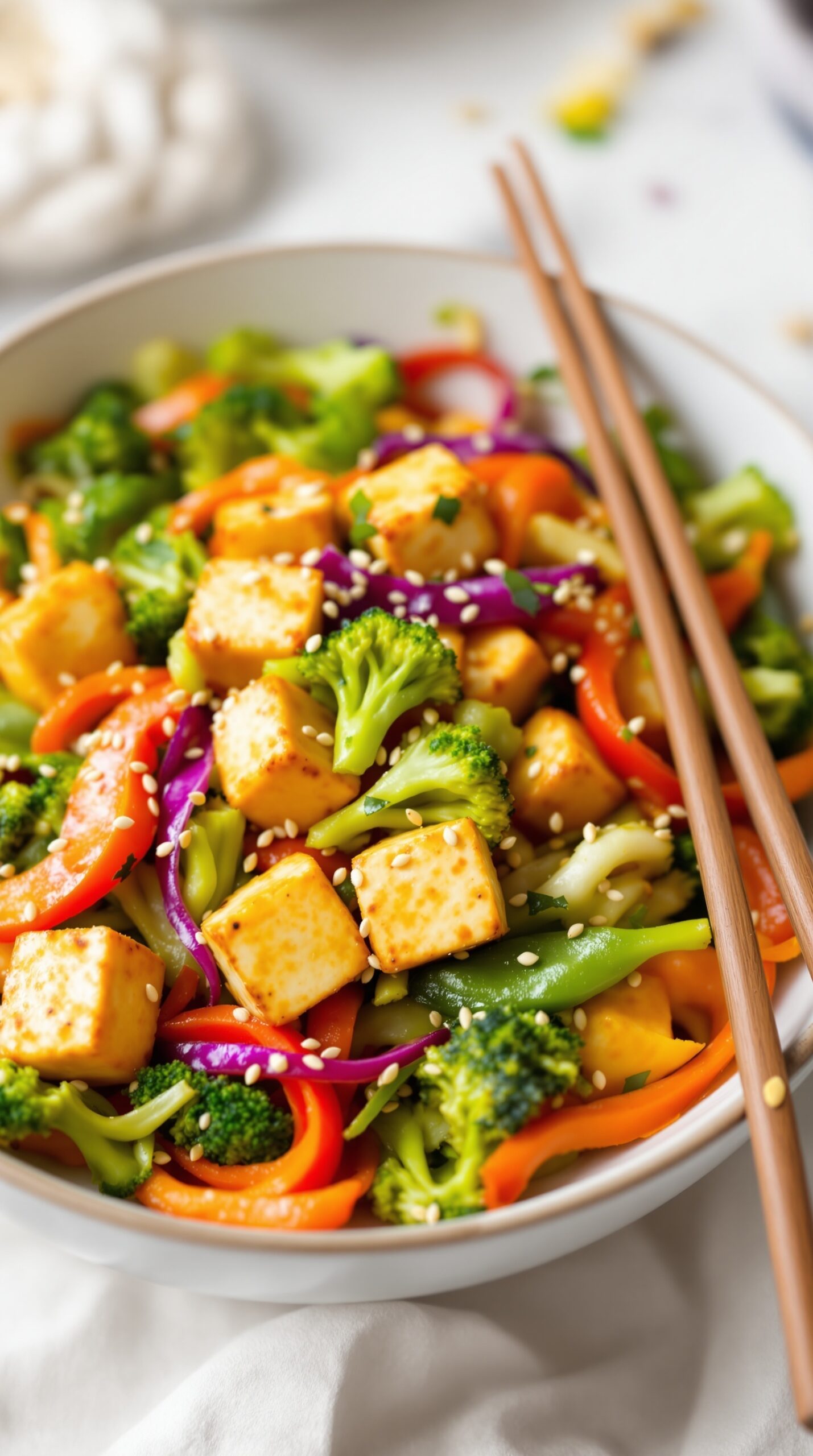 A colorful vegetable stir-fry with tofu, featuring broccoli, bell peppers, and purple cabbage, topped with sesame seeds.