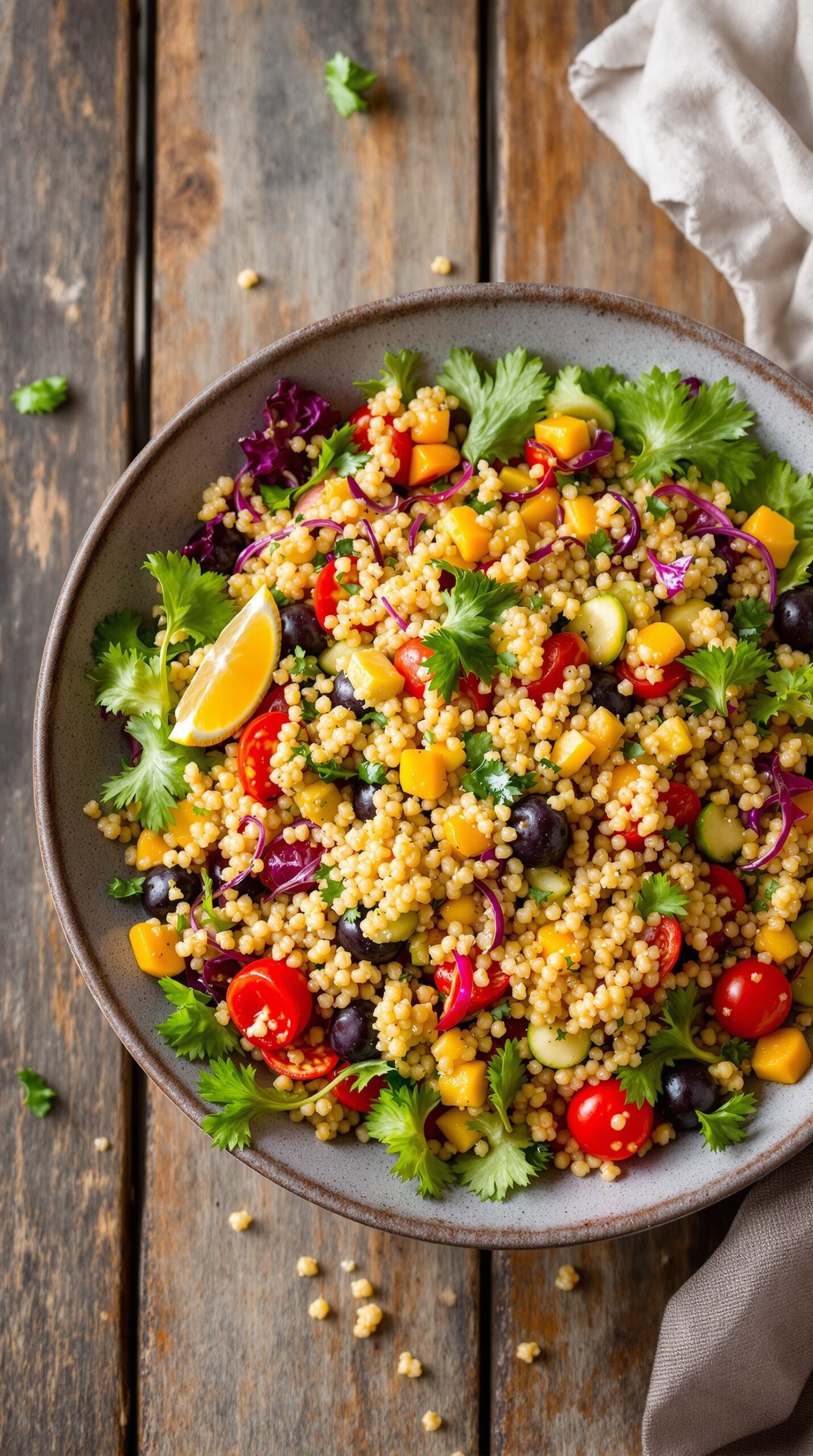 A colorful quinoa salad with vegetables and lemon vinaigrette in a bowl.