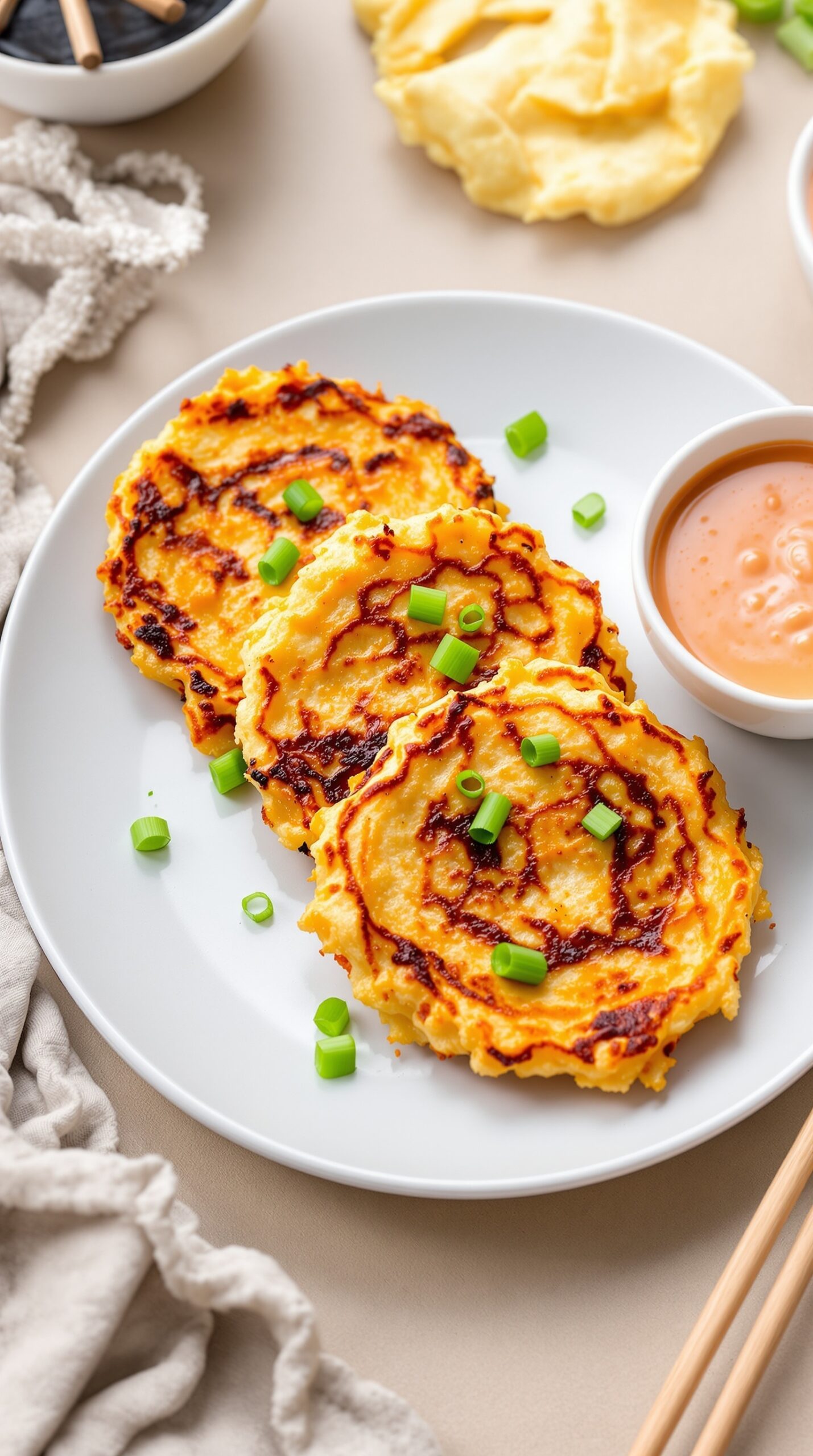 Delicious kimchi pancakes garnished with green onions on a white plate.