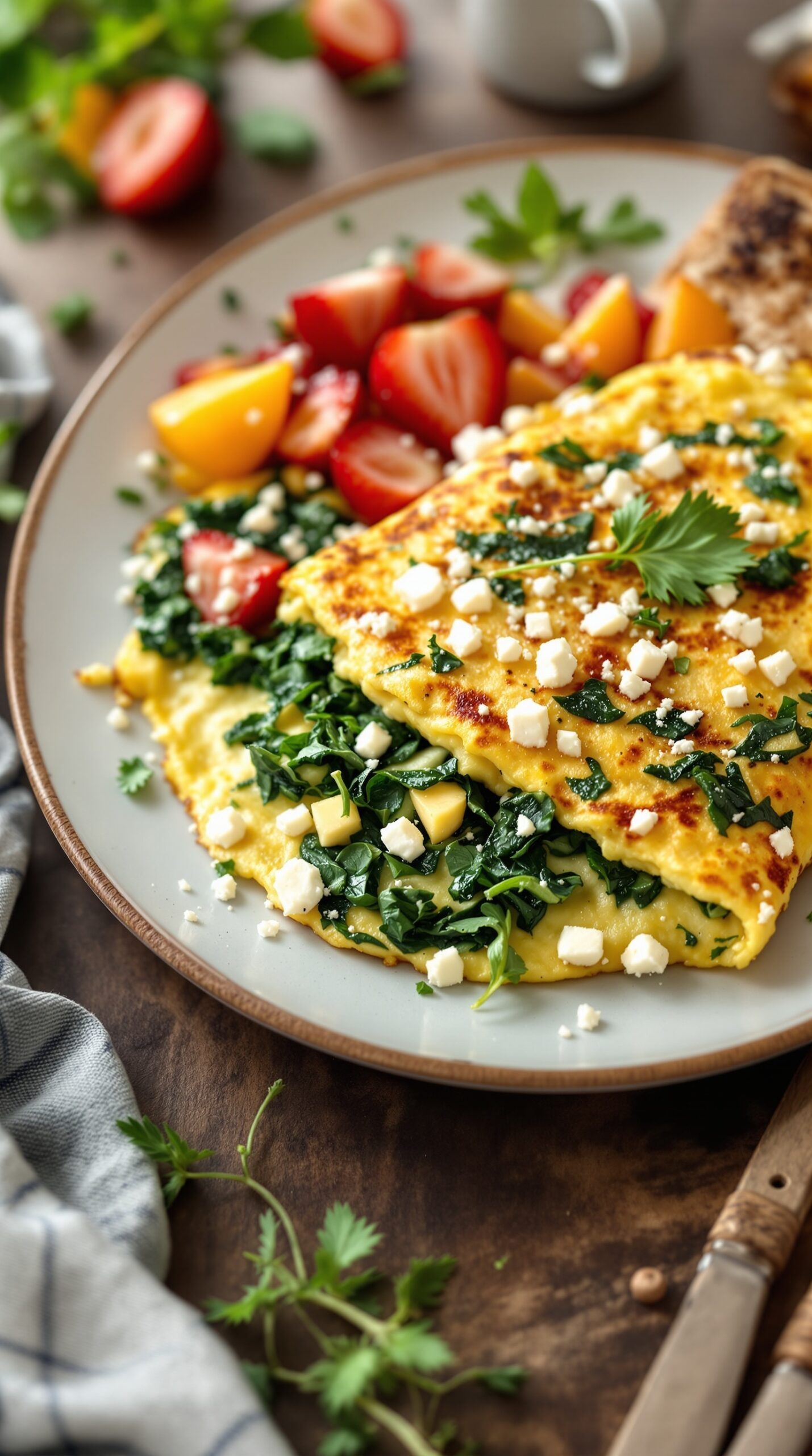 A delicious spinach and feta omelette served with fresh fruit.