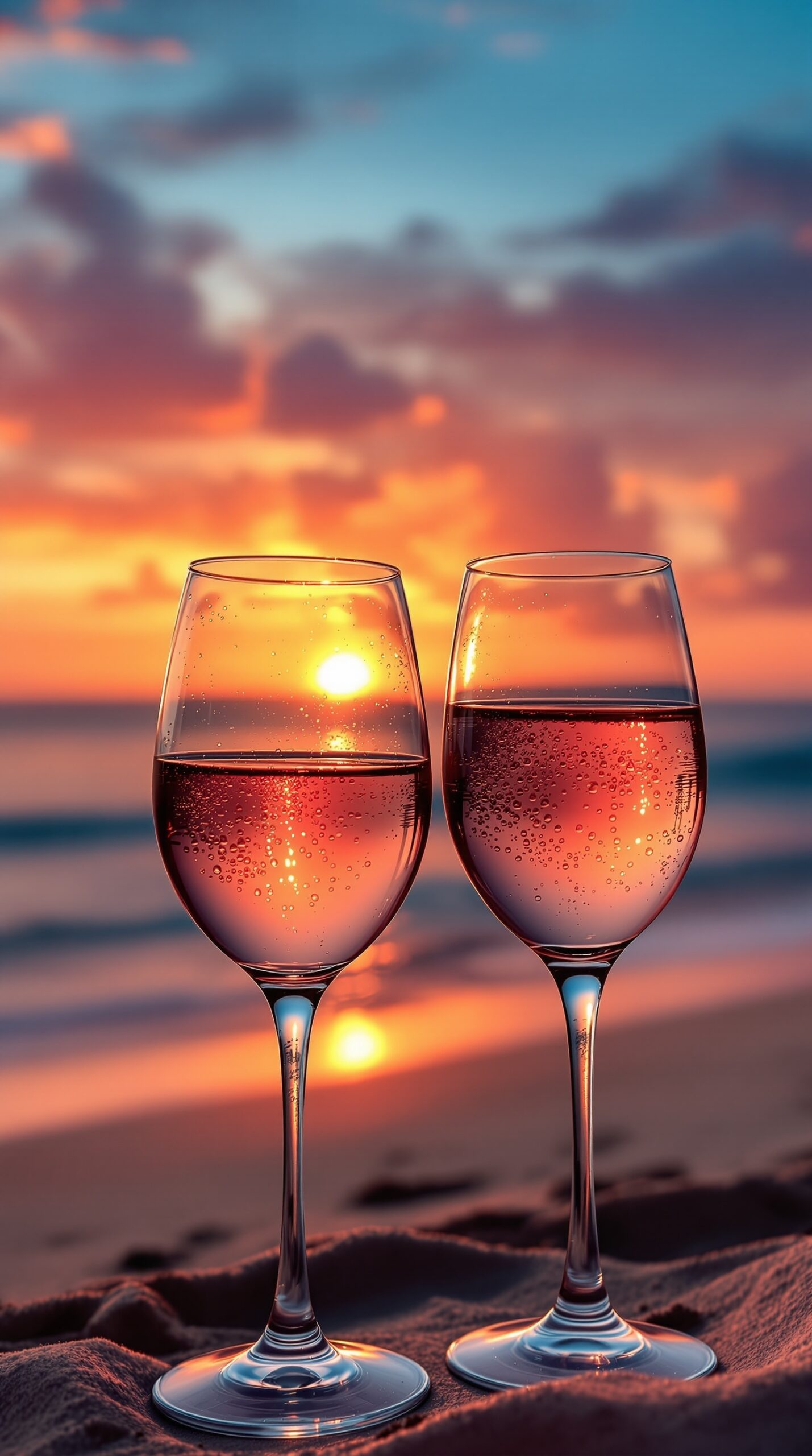 Two elegant wine glasses filled with sparkling red wine, set against a vibrant sunset background.