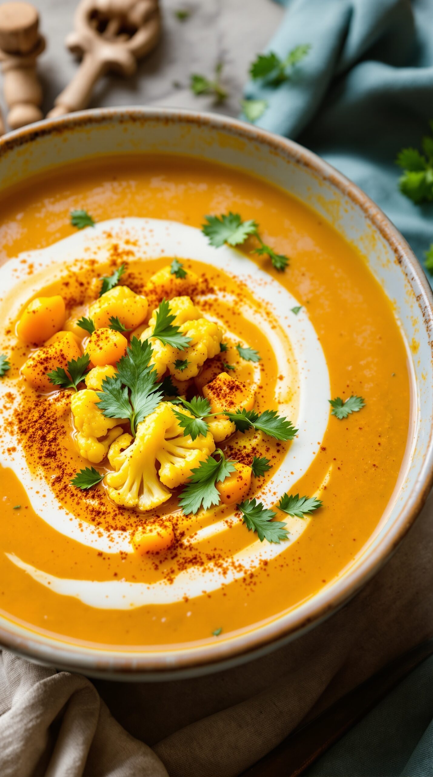 A bowl of curried cauliflower and carrot soup garnished with cilantro and paprika.