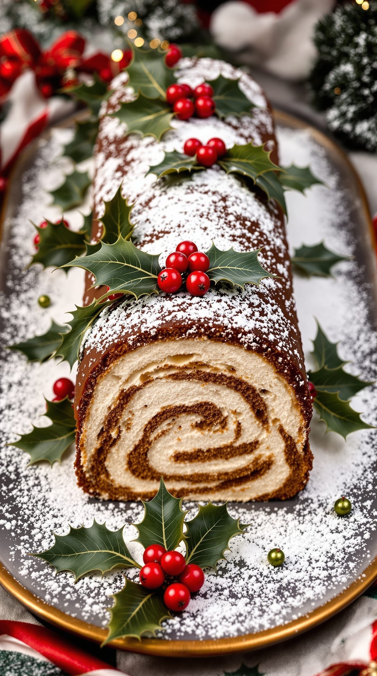 A beautifully decorated Yule Log Cake with holly leaves and red berries, dusted with powdered sugar.